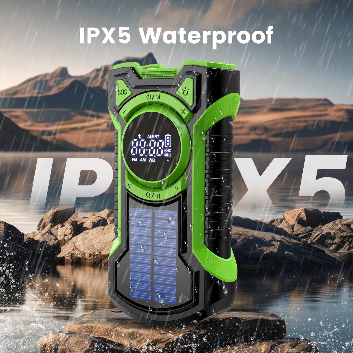 IPX5 Waterproof Emergency Weather Radio, Bluetooth Portable AM/FM/NOAA Hand Crank Radio Solar Charging, with Flashlight and 5000mAh Cell Phone Charger, USB or Battery Powered Radio with SOS Alarm