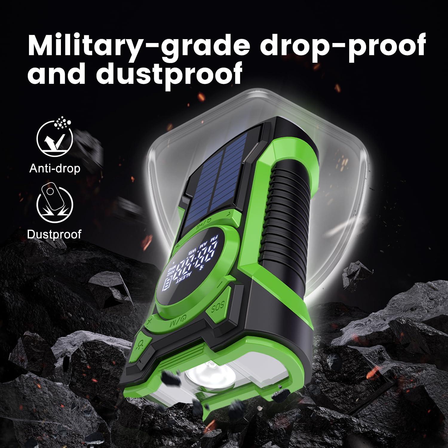 IPX5 Waterproof Emergency Weather Radio, Bluetooth Portable AM/FM/NOAA Hand Crank Radio Solar Charging, with Flashlight and 5000mAh Cell Phone Charger, USB or Battery Powered Radio with SOS Alarm