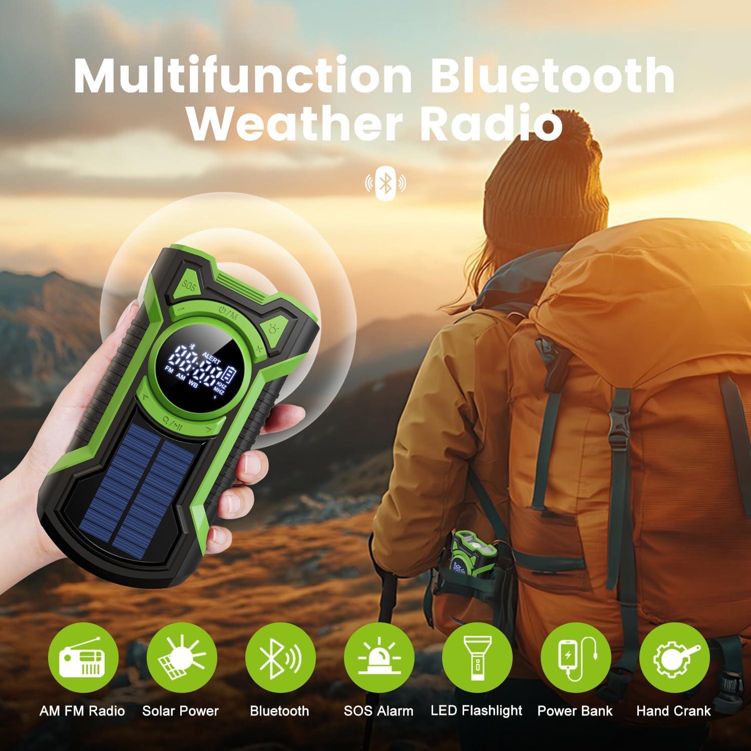 IPX5 Waterproof Emergency Weather Radio, Bluetooth Portable AM/FM/NOAA Hand Crank Radio Solar Charging, with Flashlight and 5000mAh Cell Phone Charger, USB or Battery Powered Radio with SOS Alarm