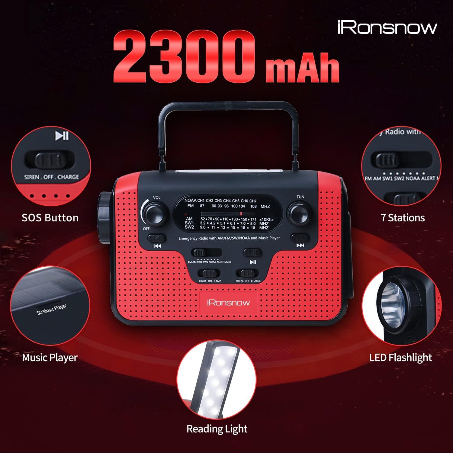 Radio de Emergencia Solar iRonsnow IS388 con Alerta NOAA 2300mAh