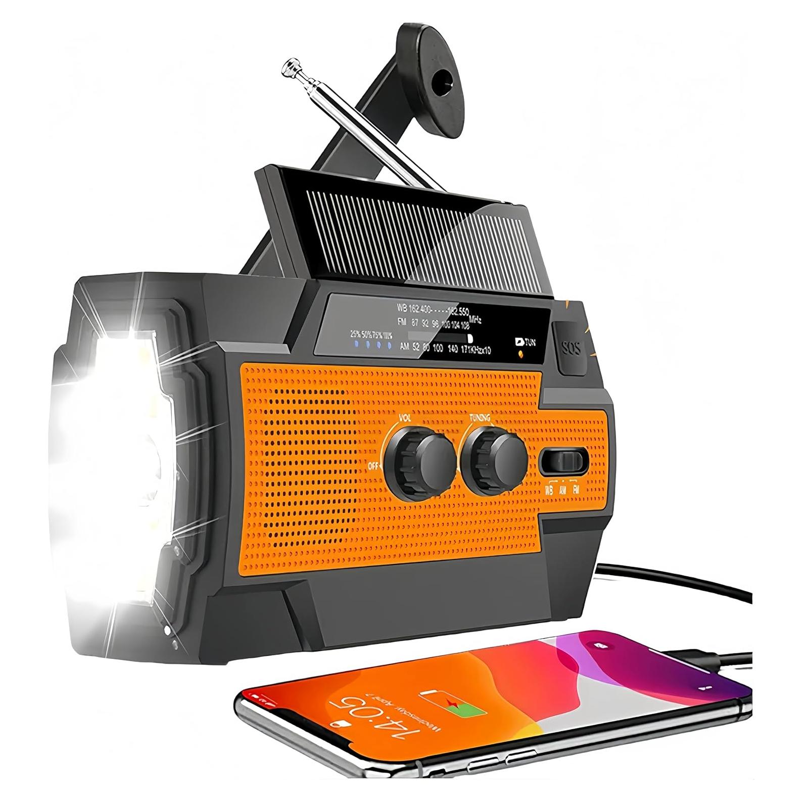 Emergency Solar Hand Crank Weather Radio – AM/FM/WB, 3-Mode LED Flashlight, LED Induction Reading Lamp, SOS Alarm, 4000mAh Rechargeable Battery, USB Charger for Cell Phones