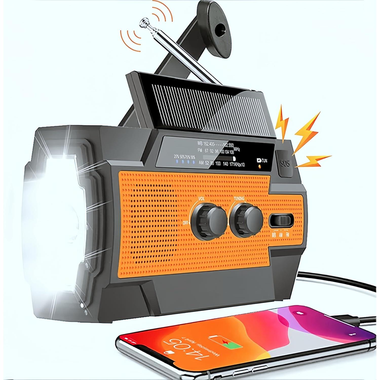 Emergency Solar Hand Crank Weather Radio – AM/FM/WB, 3-Mode LED Flashlight, LED Induction Reading Lamp, SOS Alarm, 4000mAh Rechargeable Battery, USB Charger for Cell Phones