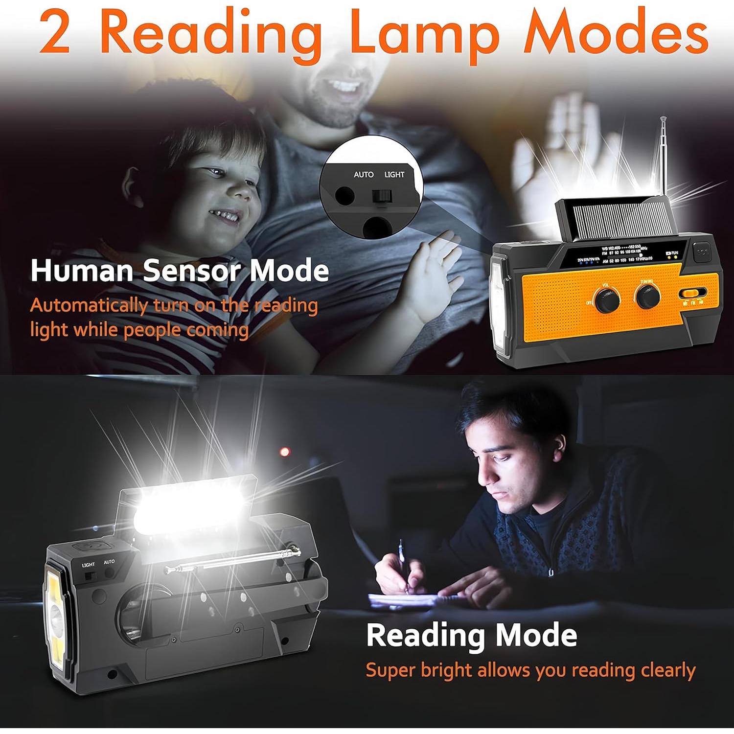 Emergency Solar Hand Crank Weather Radio – AM/FM/WB, 3-Mode LED Flashlight, LED Induction Reading Lamp, SOS Alarm, 4000mAh Rechargeable Battery, USB Charger for Cell Phones