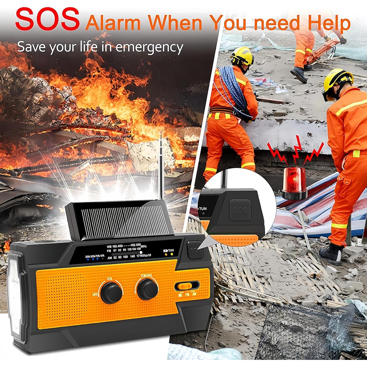 Emergency Solar Hand Crank Weather Radio – AM/FM/WB, 3-Mode LED Flashlight, LED Induction Reading Lamp, SOS Alarm, 4000mAh Rechargeable Battery, USB Charger for Cell Phones