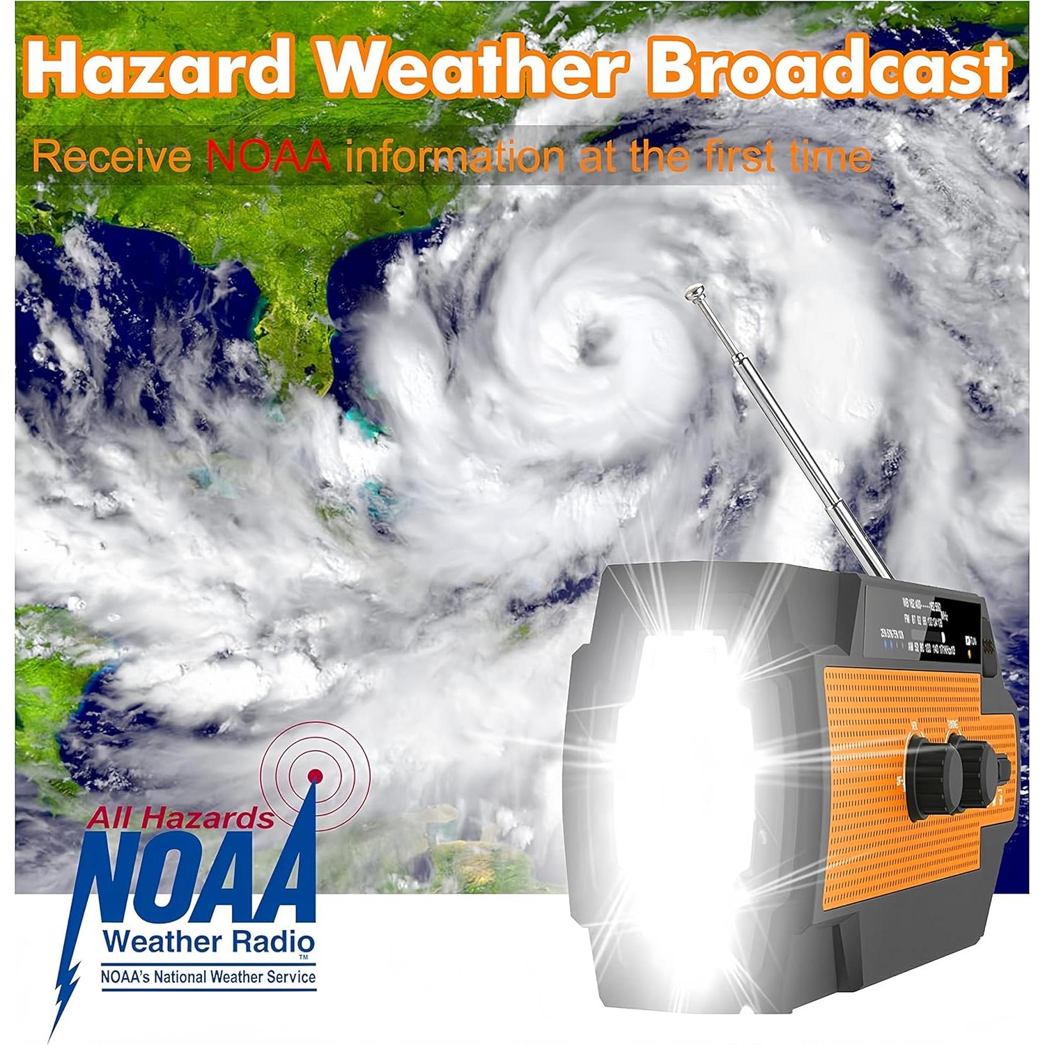 Emergency Solar Hand Crank Weather Radio – AM/FM/WB, 3-Mode LED Flashlight, LED Induction Reading Lamp, SOS Alarm, 4000mAh Rechargeable Battery, USB Charger for Cell Phones