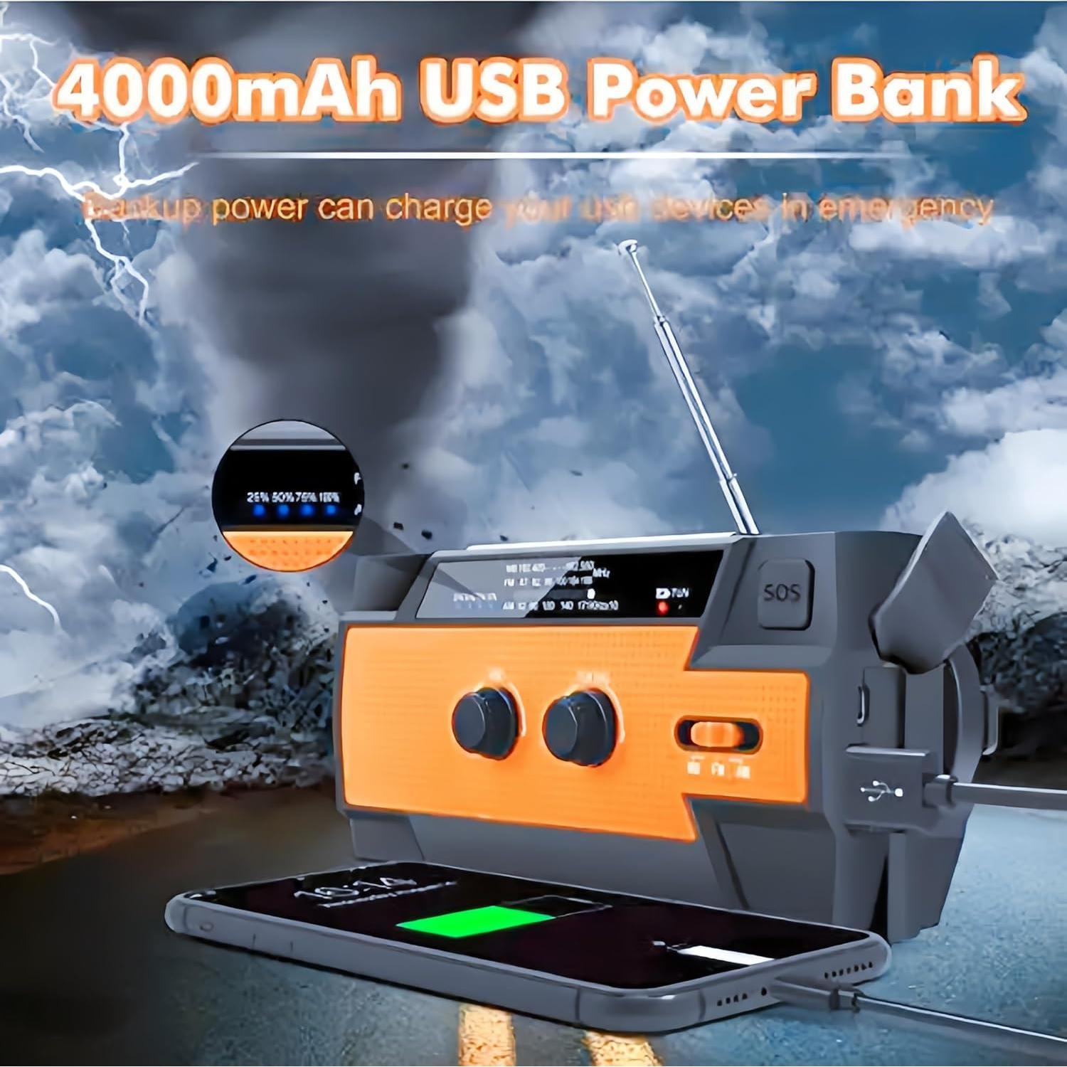 Emergency Solar Hand Crank Weather Radio – AM/FM/WB, 3-Mode LED Flashlight, LED Induction Reading Lamp, SOS Alarm, 4000mAh Rechargeable Battery, USB Charger for Cell Phones