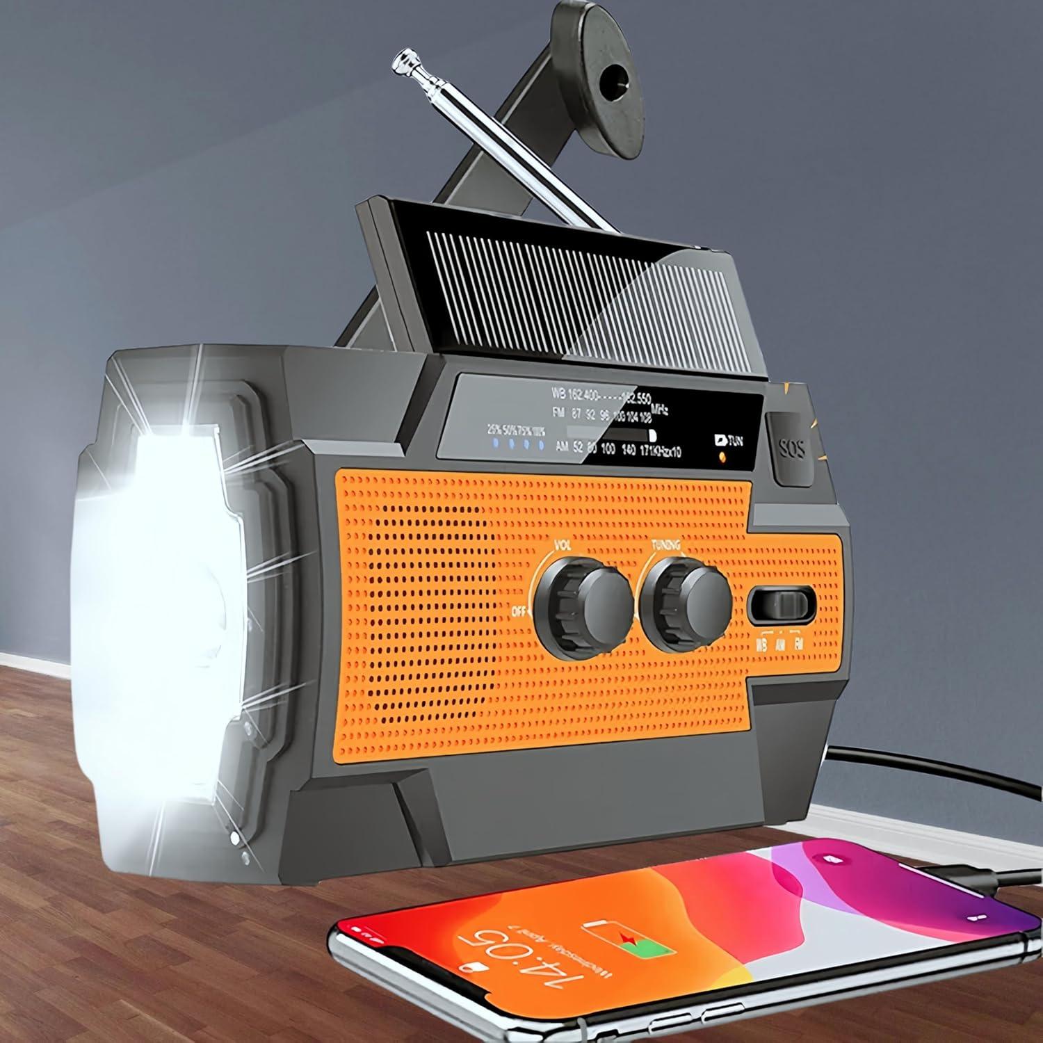 Emergency Solar Hand Crank Weather Radio – AM/FM/WB, 3-Mode LED Flashlight, LED Induction Reading Lamp, SOS Alarm, 4000mAh Rechargeable Battery, USB Charger for Cell Phones