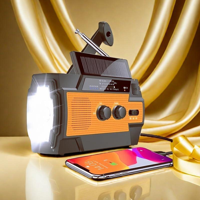 Emergency Solar Hand Crank Weather Radio – AM/FM/WB, 3-Mode LED Flashlight, LED Induction Reading Lamp, SOS Alarm, 4000mAh Rechargeable Battery, USB Charger for Cell Phones