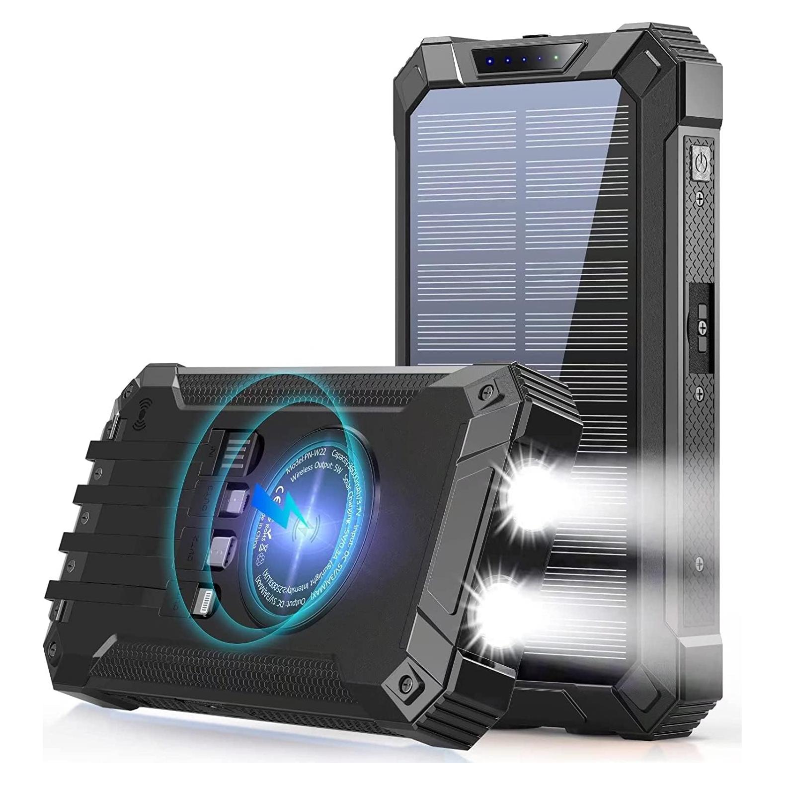 Power Bank Wireless Charger 36000mAh Built in 4 Cables Six Outputs 15W Fast Charging Power Bank for All Mobile Devices Three Inputs Solar Portable Charger with Dual Flashlights, Carabiner