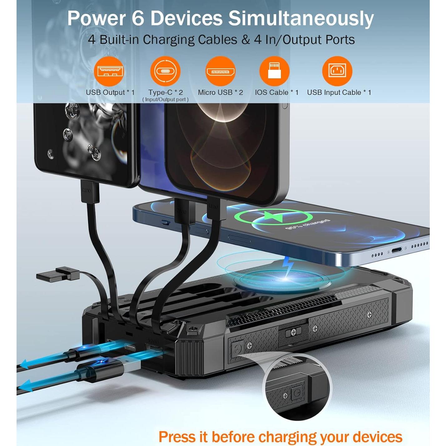 Power Bank Wireless Charger 36000mAh Built in 4 Cables Six Outputs 15W Fast Charging Power Bank for All Mobile Devices Three Inputs Solar Portable Charger with Dual Flashlights, Carabiner