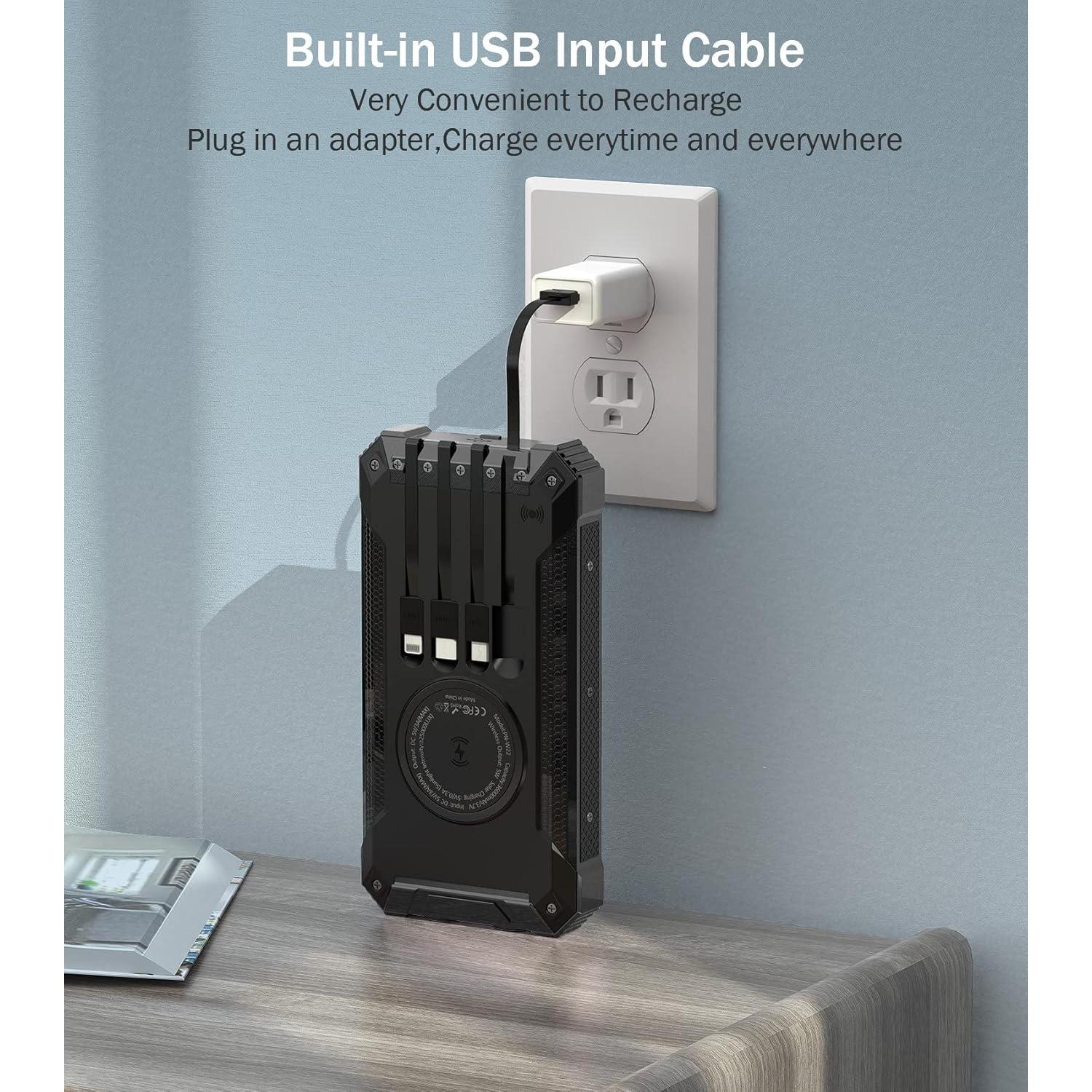 Power Bank Wireless Charger 36000mAh Built in 4 Cables Six Outputs 15W Fast Charging Power Bank for All Mobile Devices Three Inputs Solar Portable Charger with Dual Flashlights, Carabiner