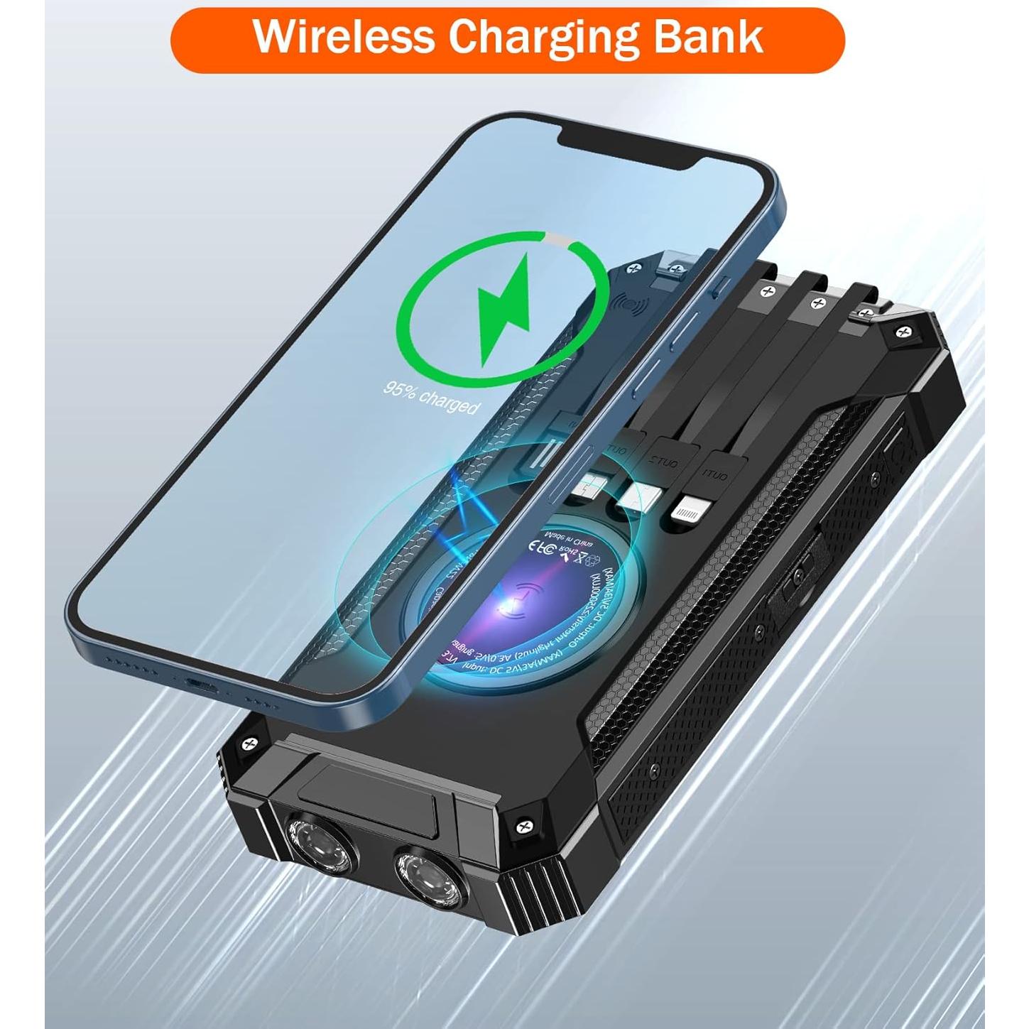 Power Bank Wireless Charger 36000mAh Built in 4 Cables Six Outputs 15W Fast Charging Power Bank for All Mobile Devices Three Inputs Solar Portable Charger with Dual Flashlights, Carabiner