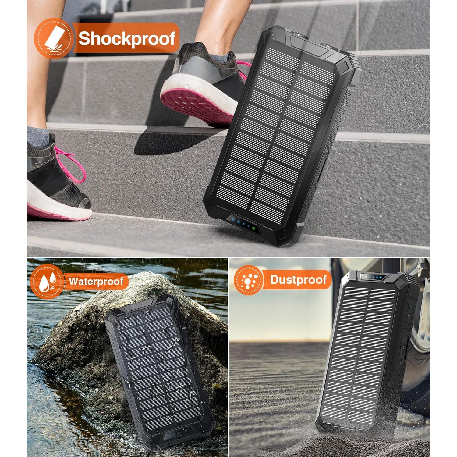 Power Bank Wireless Charger 36000mAh Built in 4 Cables Six Outputs 15W Fast Charging Power Bank for All Mobile Devices Three Inputs Solar Portable Charger with Dual Flashlights, Carabiner