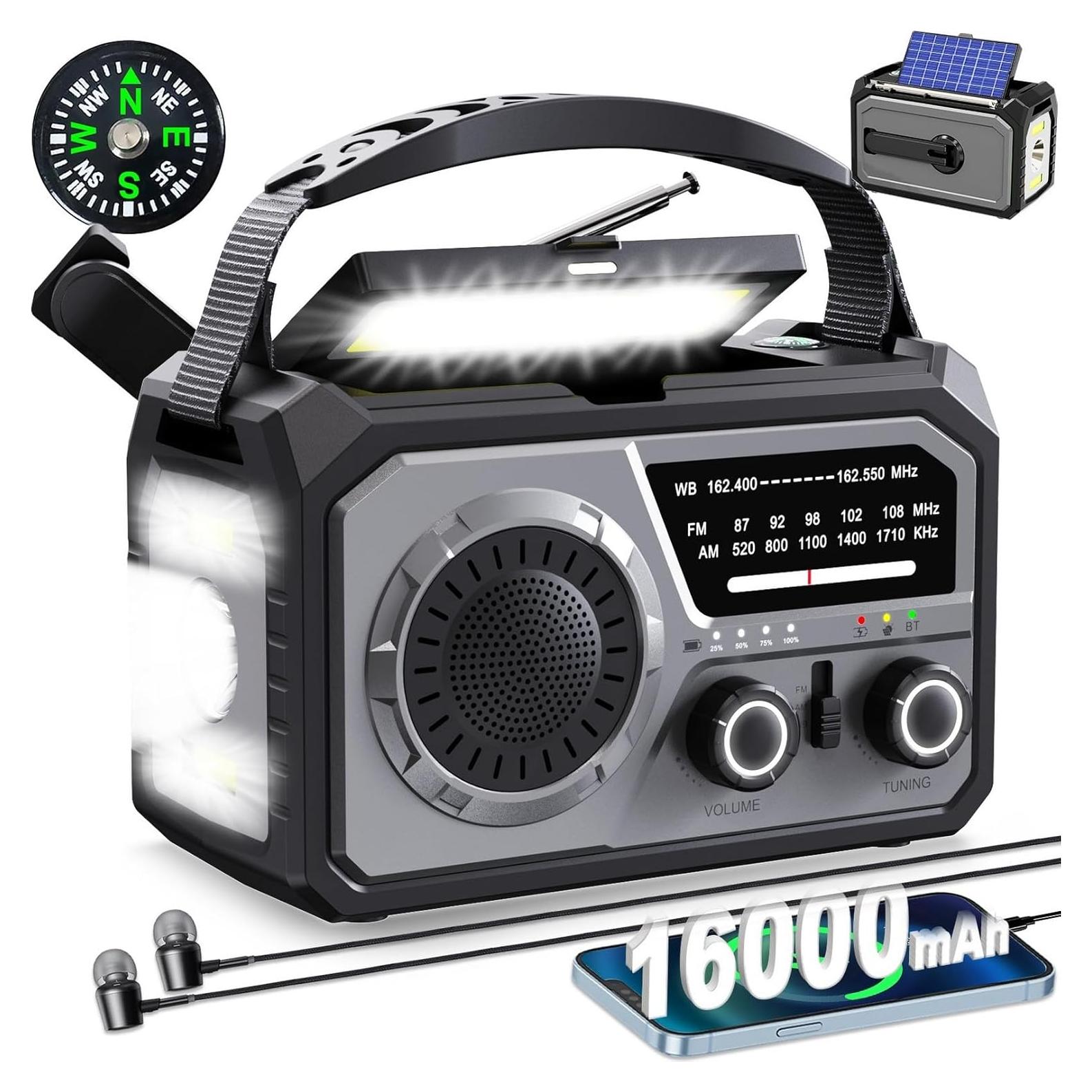 16000mAh Hand Crank Emergency Weather Radio with Wireless Speaker, 59200mWh NOAA AM FM Solar Radio with Flashlight Cell Phone Charger Reading Lamp Compass SOS for Camping and Survival (Gray)