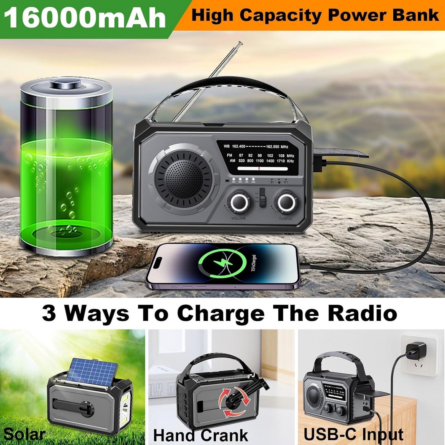 16000mAh Hand Crank Emergency Weather Radio with Wireless Speaker, 59200mWh NOAA AM FM Solar Radio with Flashlight Cell Phone Charger Reading Lamp Compass SOS for Camping and Survival (Gray)