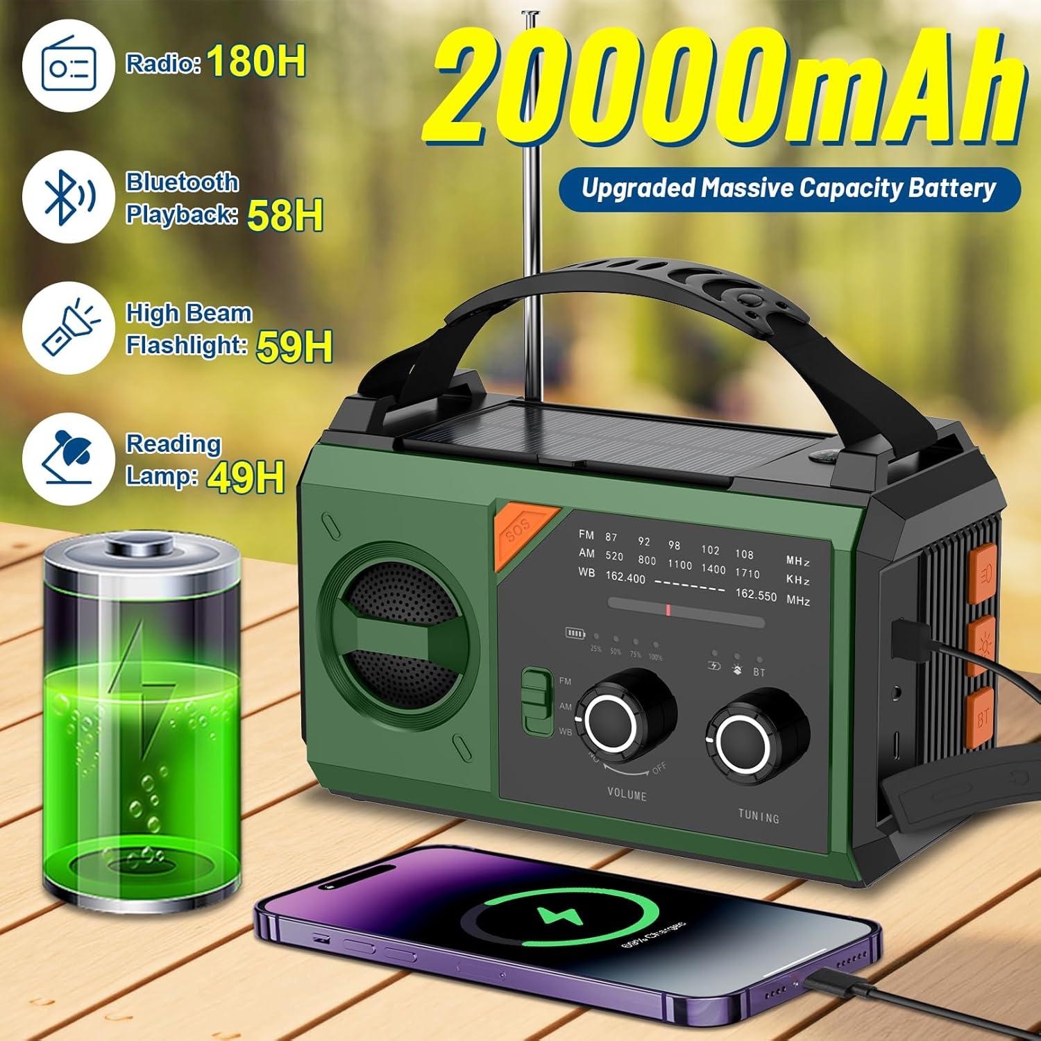 Radio de Emergencia GIDEZH 20000mAh Solar AM FM NOAA Verde