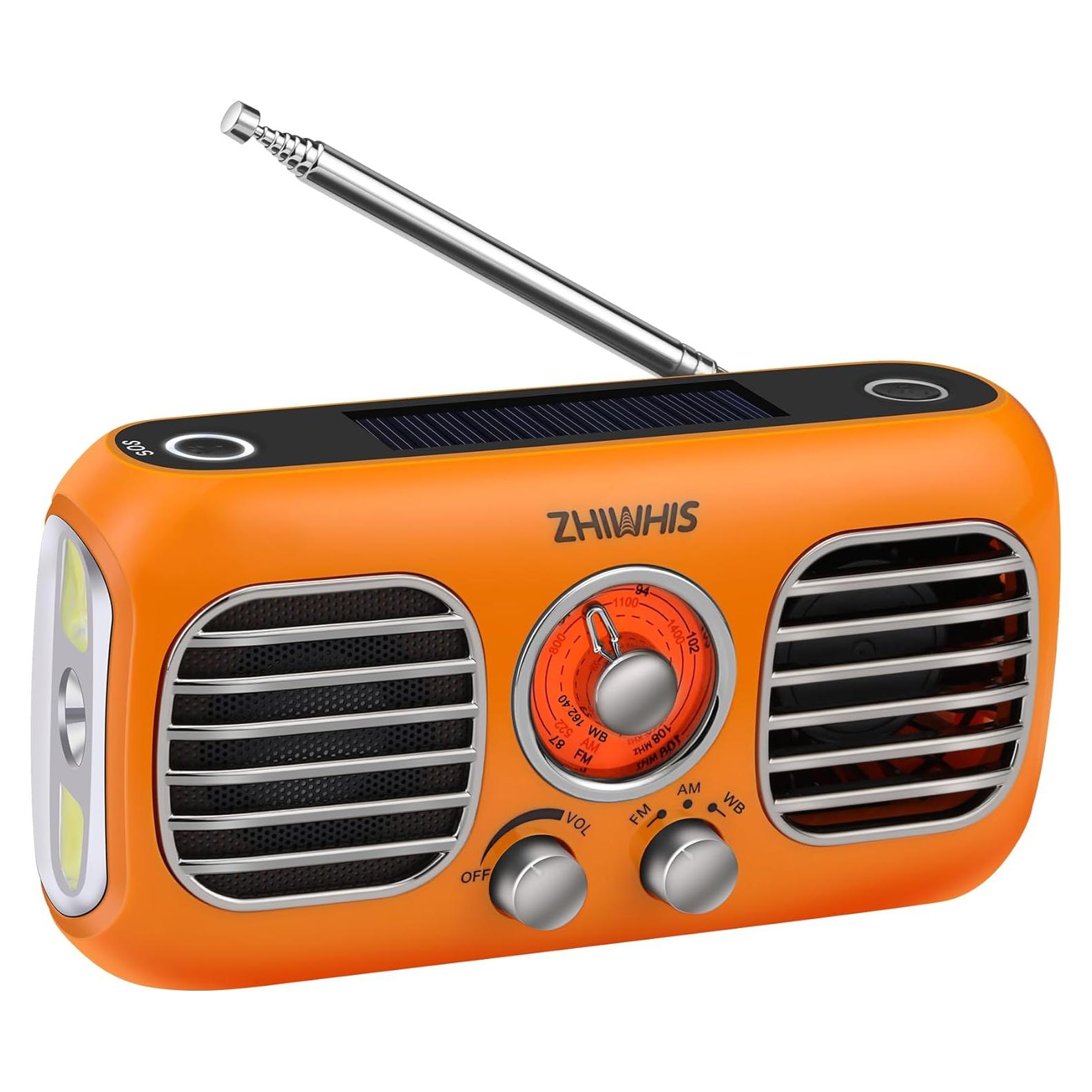 ZHIWHIS Emergency Radio with Portable Fan, AM/FM/WB Weather Radios with SOS Siren, Hand Crank/Solar Panel/4000mAh/Rotary Knob/Rechargeable Retro Receiver with LED Light ZWS-380