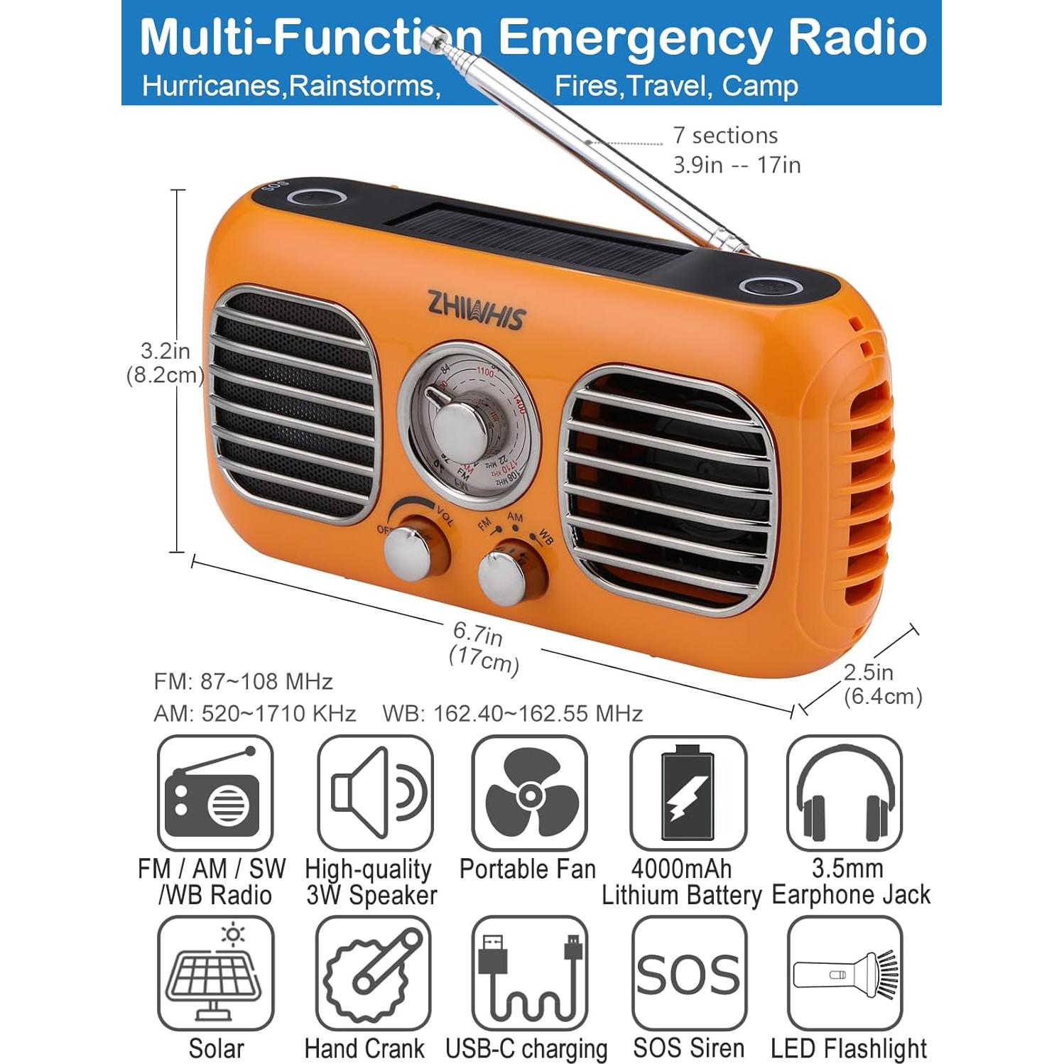 ZHIWHIS Emergency Radio with Portable Fan, AM/FM/WB Weather Radios with SOS Siren, Hand Crank/Solar Panel/4000mAh/Rotary Knob/Rechargeable Retro Receiver with LED Light ZWS-380