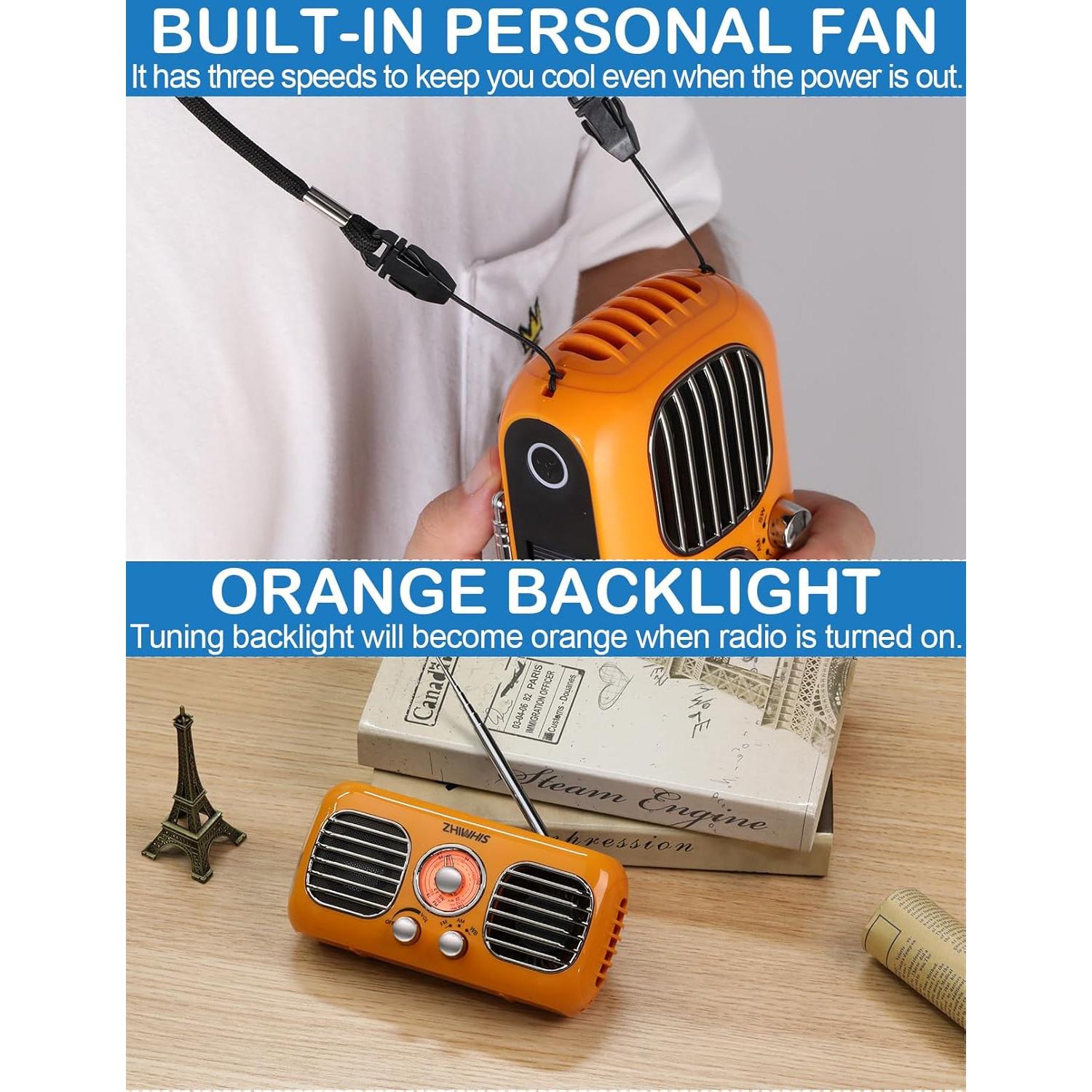ZHIWHIS Emergency Radio with Portable Fan, AM/FM/WB Weather Radios with SOS Siren, Hand Crank/Solar Panel/4000mAh/Rotary Knob/Rechargeable Retro Receiver with LED Light ZWS-380
