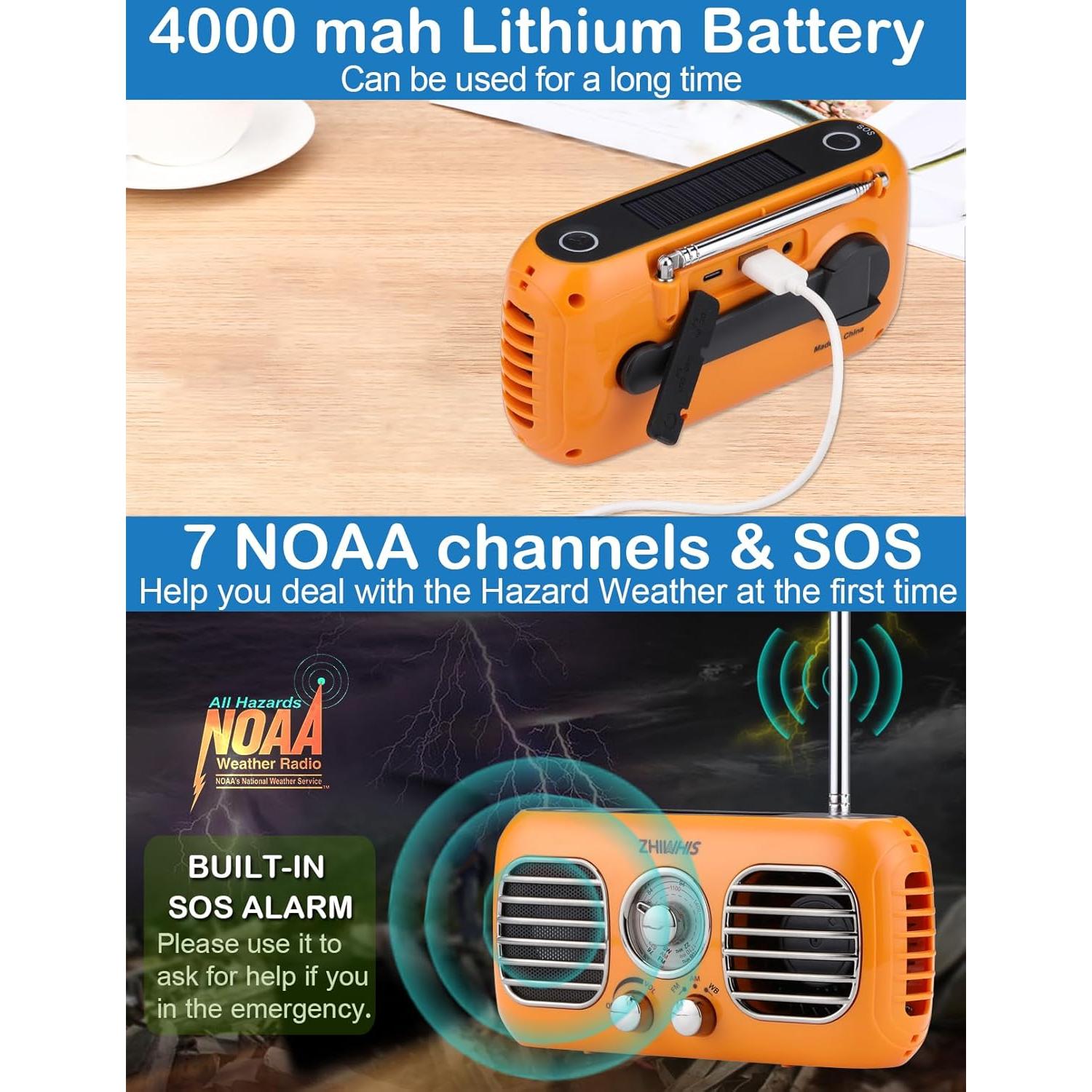 ZHIWHIS Emergency Radio with Portable Fan, AM/FM/WB Weather Radios with SOS Siren, Hand Crank/Solar Panel/4000mAh/Rotary Knob/Rechargeable Retro Receiver with LED Light ZWS-380