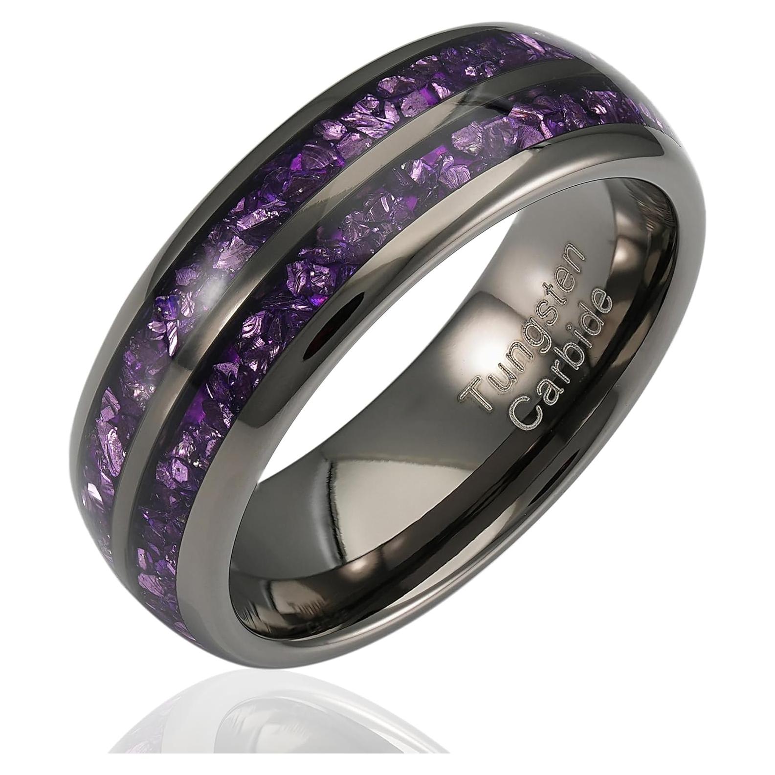 Anillo de tungsteno grabado 100S JEWELRY con amatista