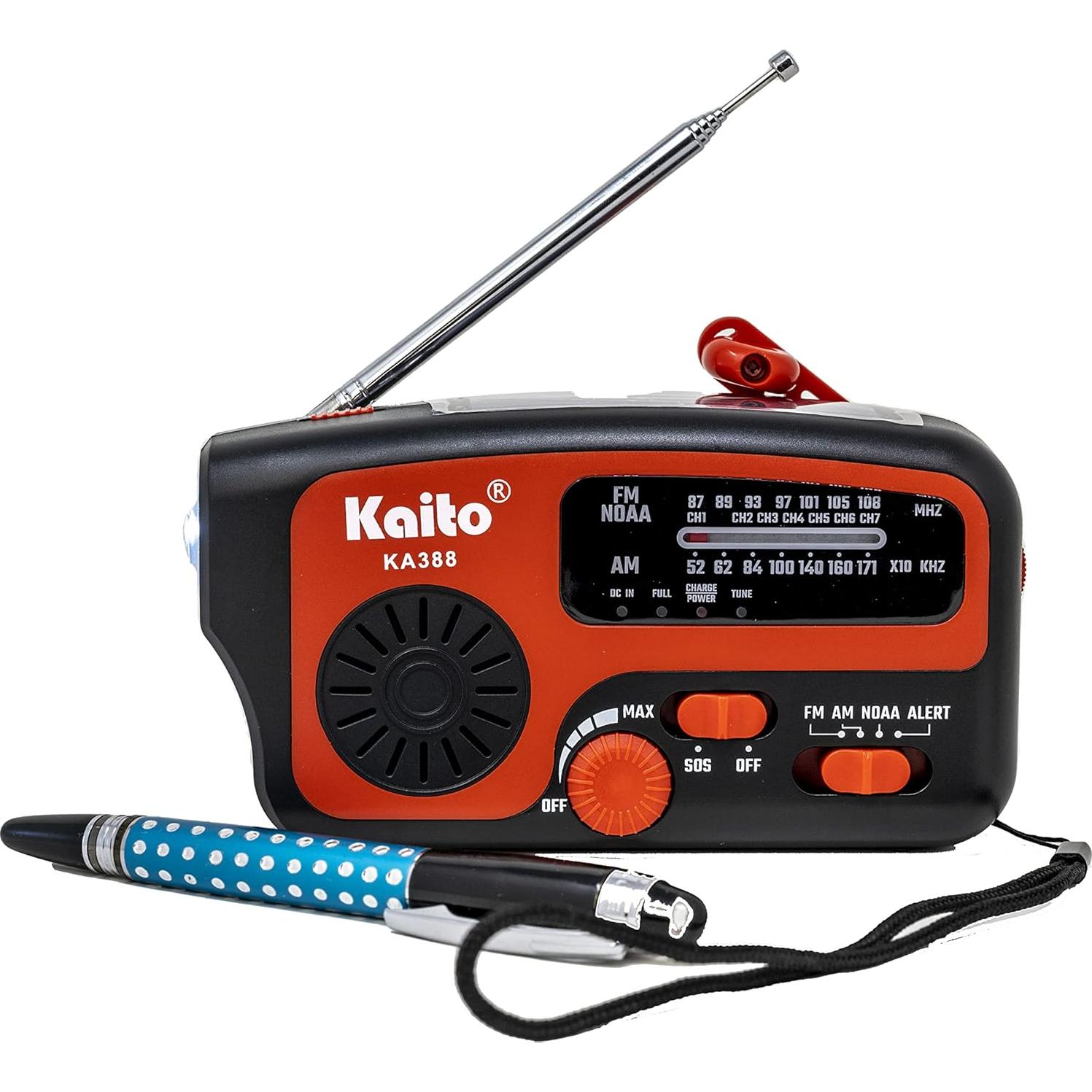 Kaito Emergency Radio KA388 - AM/FM NOAA Weather Alert 5-Way Powered Solar Crank Radio Receiver with LED Flashlight and USB Mobile Phone Charger (Red)