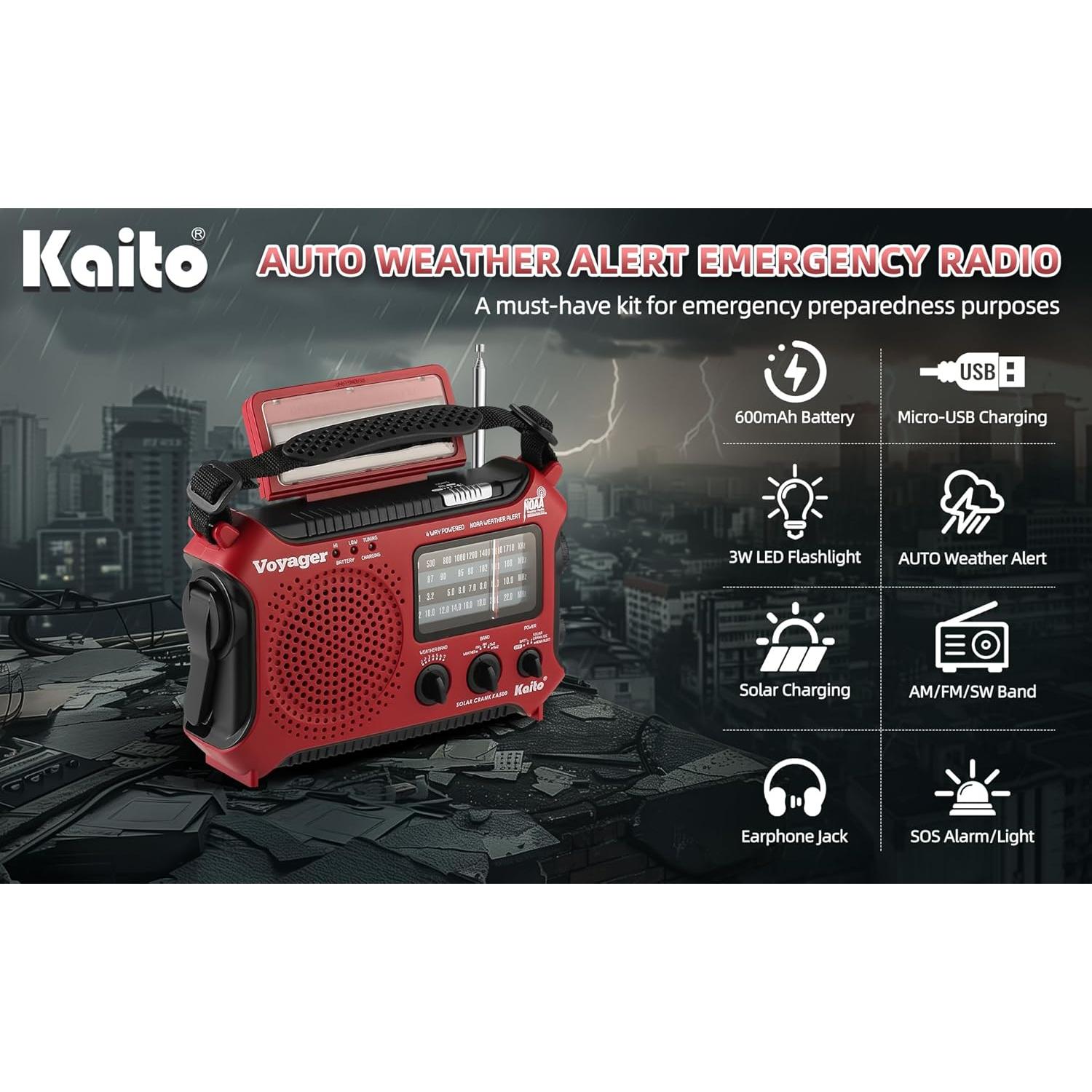 Kaito KA500RED 5-Way Powered Emergency AM/FM/SW Weather Alert Radio, Red
