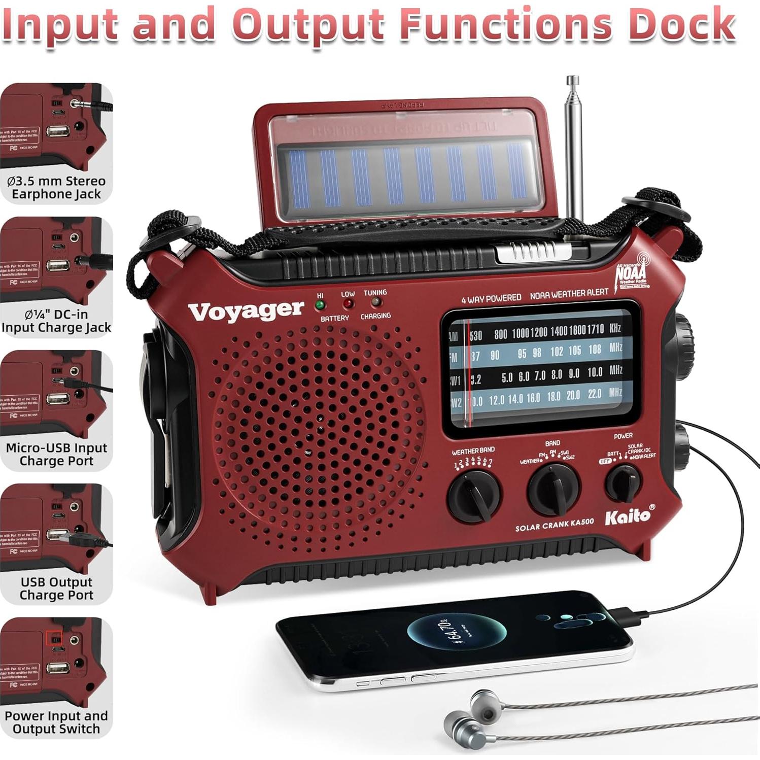 Kaito KA500RED 5-Way Powered Emergency AM/FM/SW Weather Alert Radio, Red