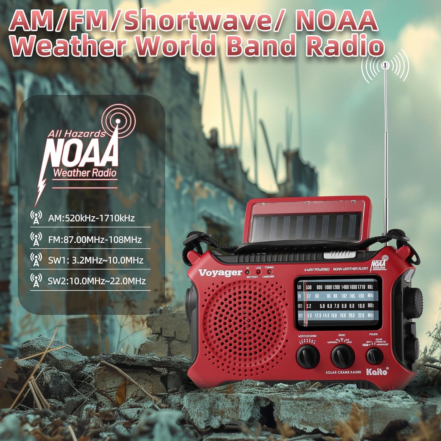 Kaito KA500RED 5-Way Powered Emergency AM/FM/SW Weather Alert Radio, Red