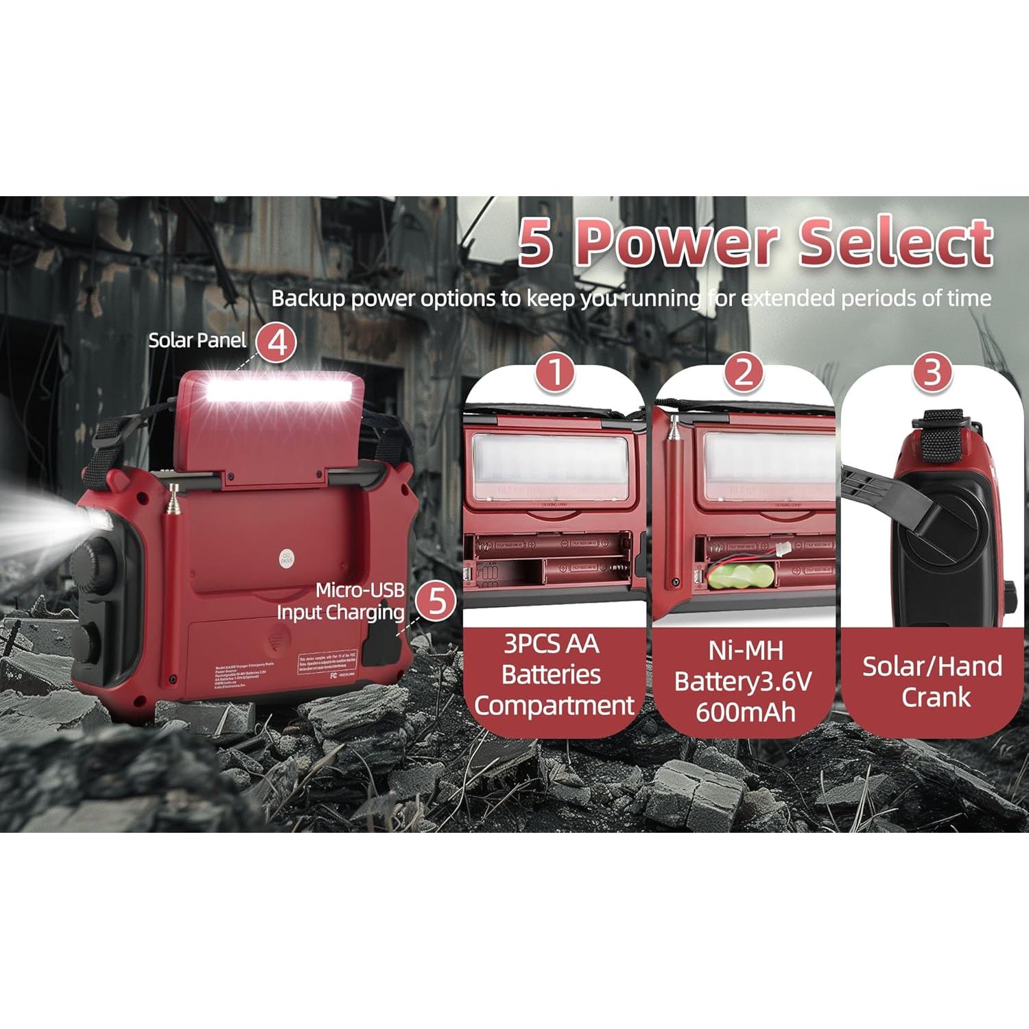 Kaito KA500RED 5-Way Powered Emergency AM/FM/SW Weather Alert Radio, Red