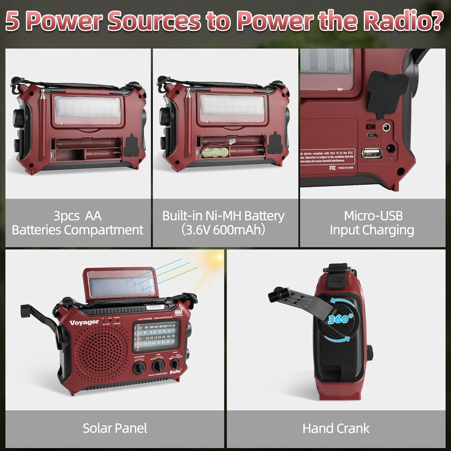 Kaito KA500RED 5-Way Powered Emergency AM/FM/SW Weather Alert Radio, Red