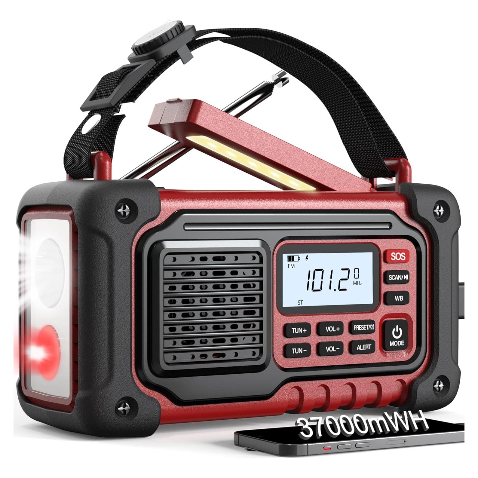 Emergency Weather Radio, AM/FM/SW/NOAA Hand Crank Radio with 10000mAH/37000mWh Portable Large Capacity, USB/Solar/Hand Crank Charging, AAA Battery Operated, SOS Alarm & Flashlight