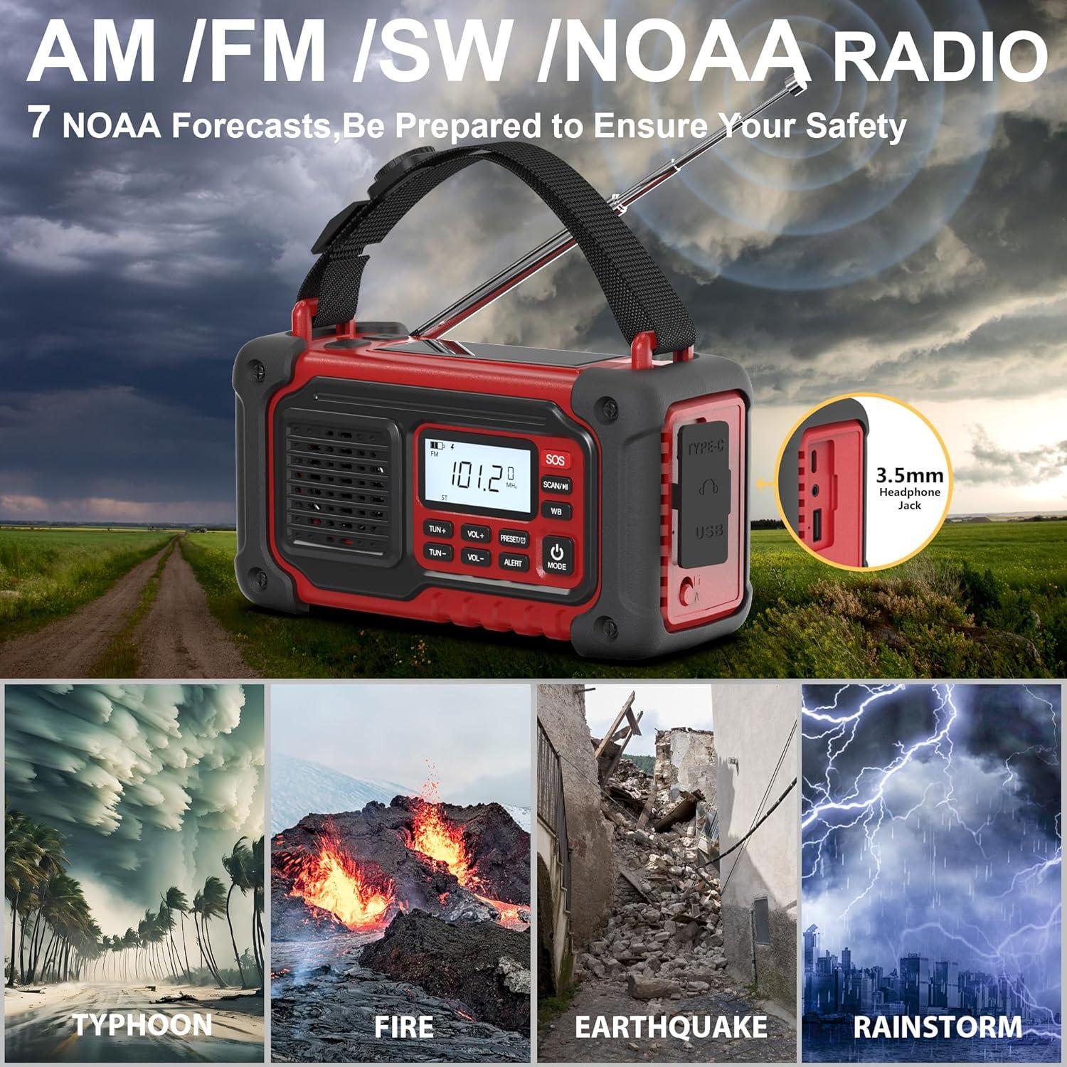Emergency Weather Radio, AM/FM/SW/NOAA Hand Crank Radio with 10000mAH/37000mWh Portable Large Capacity, USB/Solar/Hand Crank Charging, AAA Battery Operated, SOS Alarm & Flashlight