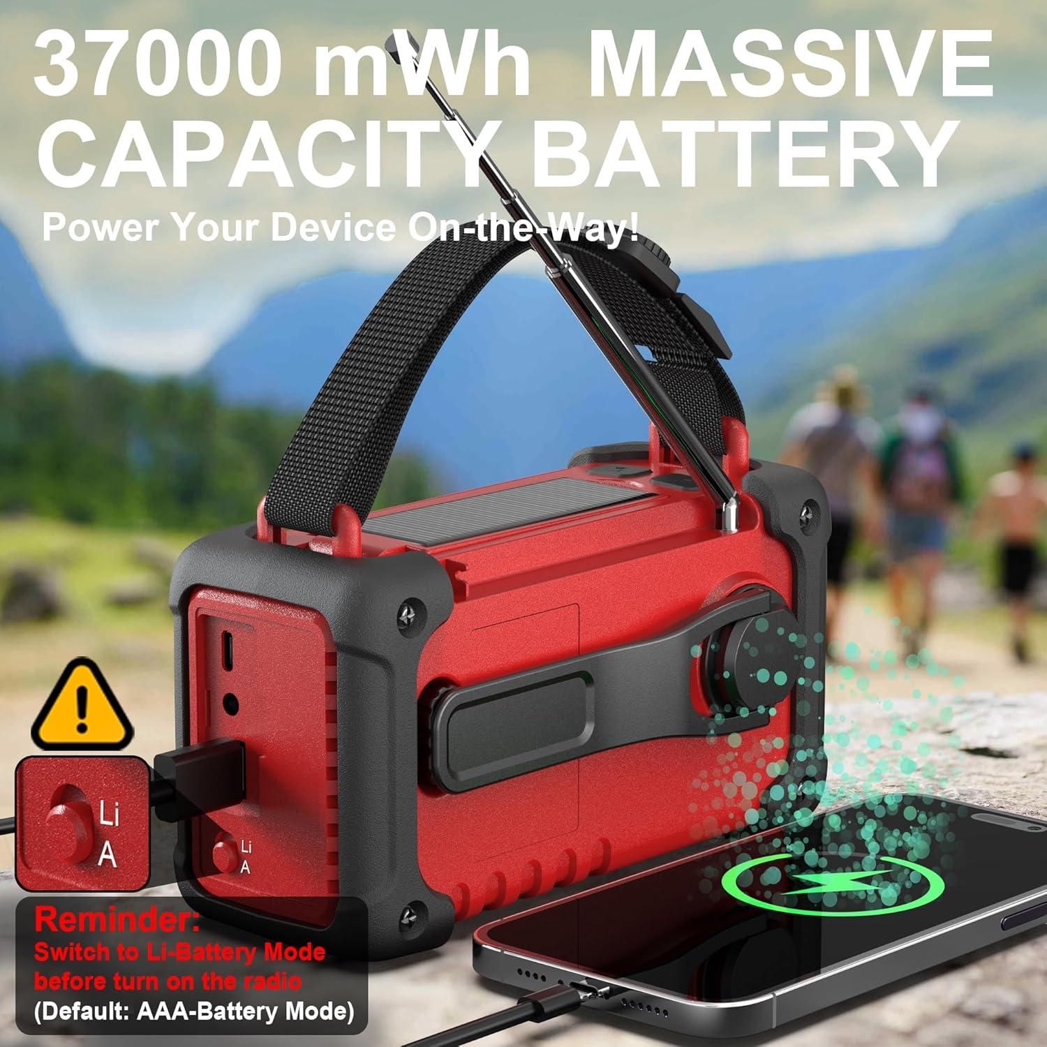 Emergency Weather Radio, AM/FM/SW/NOAA Hand Crank Radio with 10000mAH/37000mWh Portable Large Capacity, USB/Solar/Hand Crank Charging, AAA Battery Operated, SOS Alarm & Flashlight