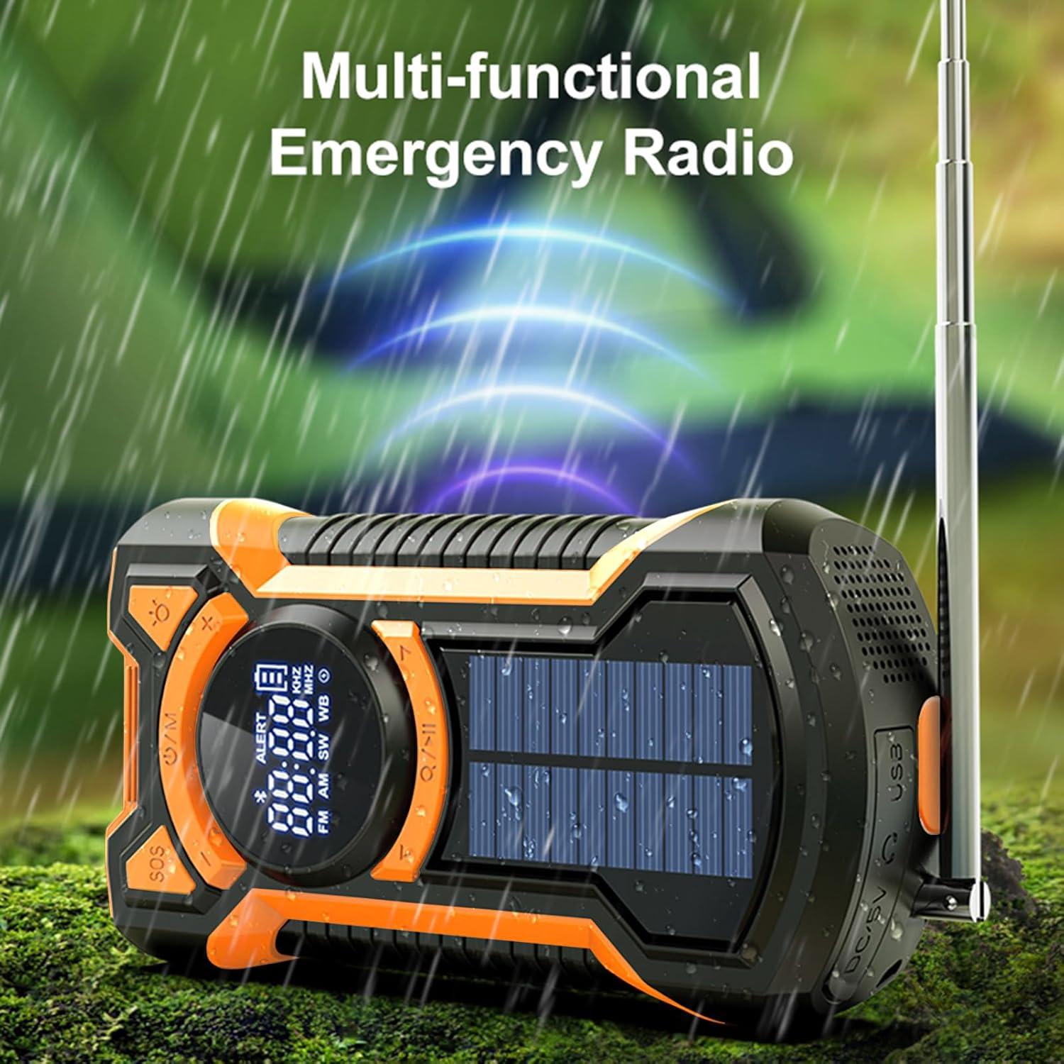 5000mAh Emergency Radio, Portable Dynamo Crank Weather Radio with Bluetooth, Solar Charger Power Bank Battery Powered, AM/FM/NOAA Weather Alert Radios with SOS Alarm, Flashlight Indoor Outdoor Camping