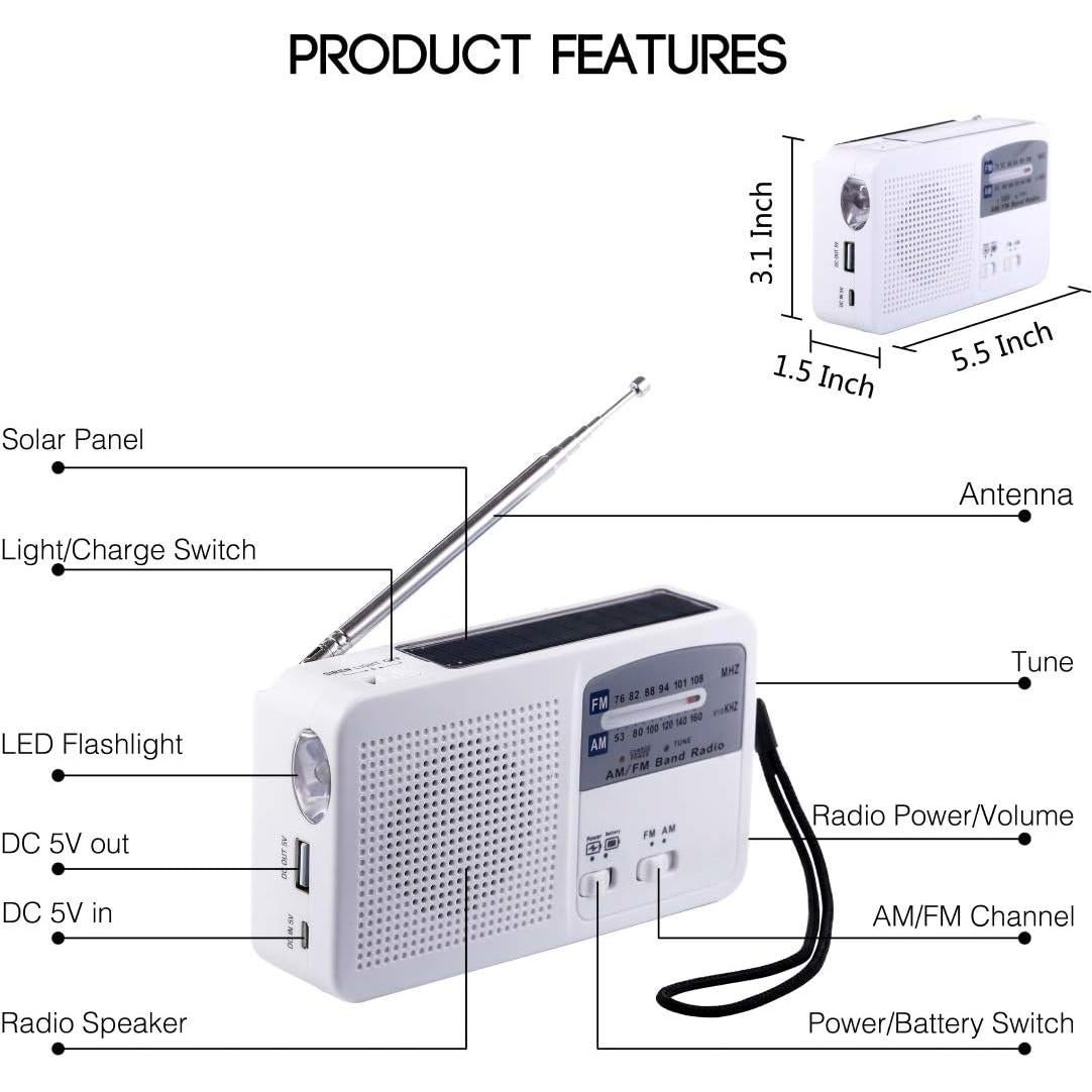 Hand Crank Emergency Radio, Portable AM FM Solar Radios with LED Flashlights for Emergencies