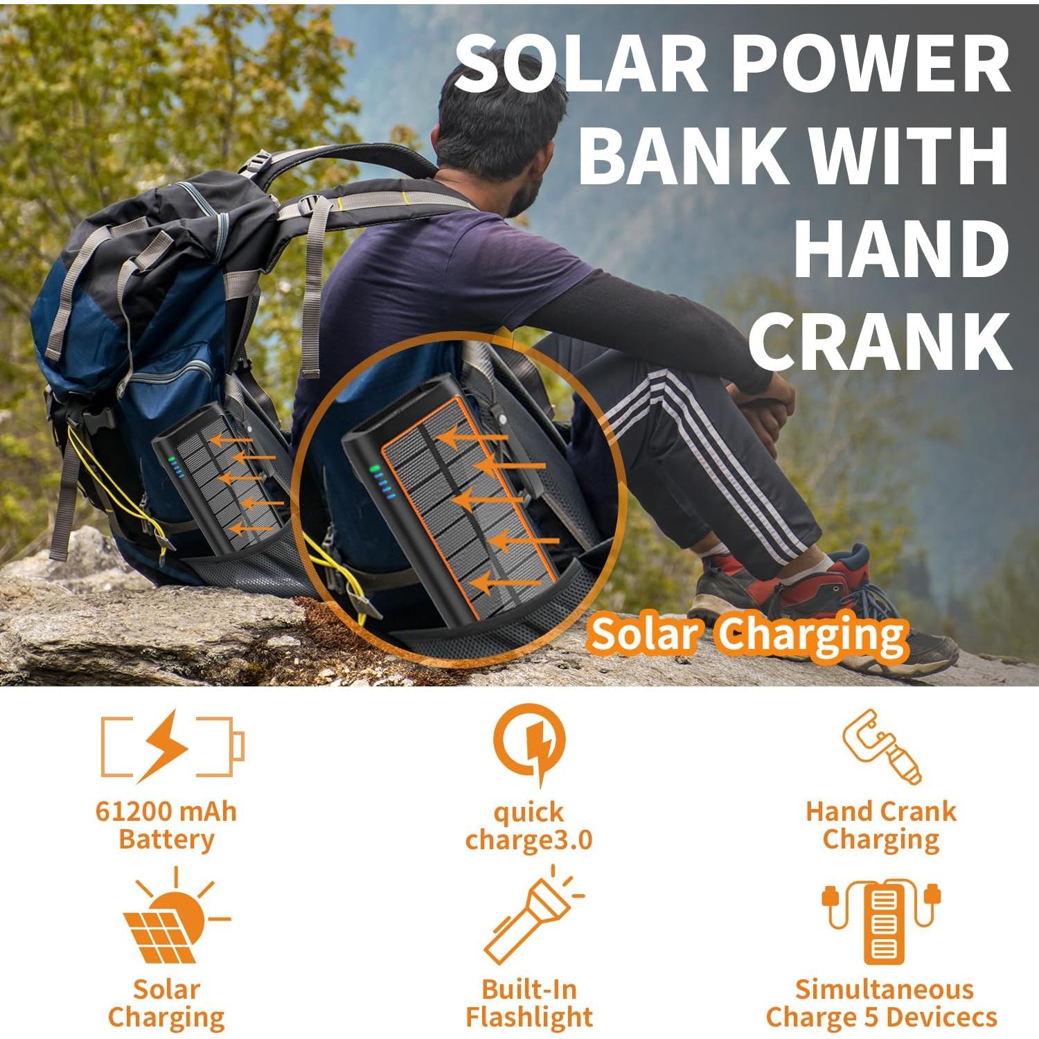 Cargador Solar Power Bank ReeZar 61200mAh con Manivela y 4 Cables