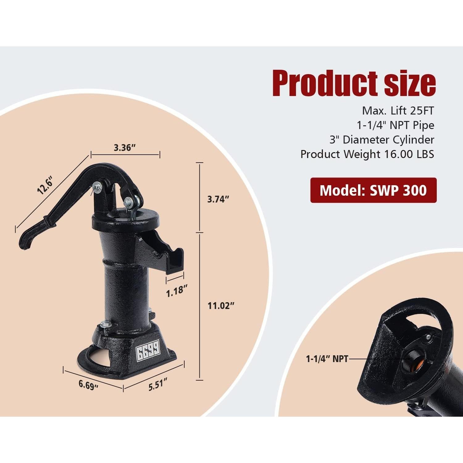 Bomba de Pozo Manual Hierro Fundido SWP 300 7.62m Jardín