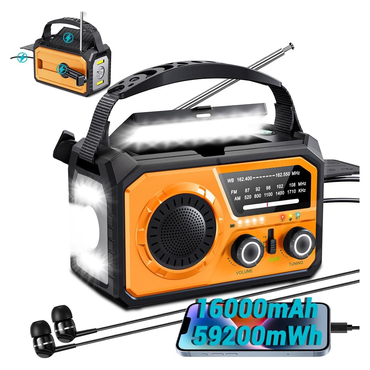 Radio de Emergencia Solar 16000mAh NOAA AM/FM - Manivela, Luz y Alarma