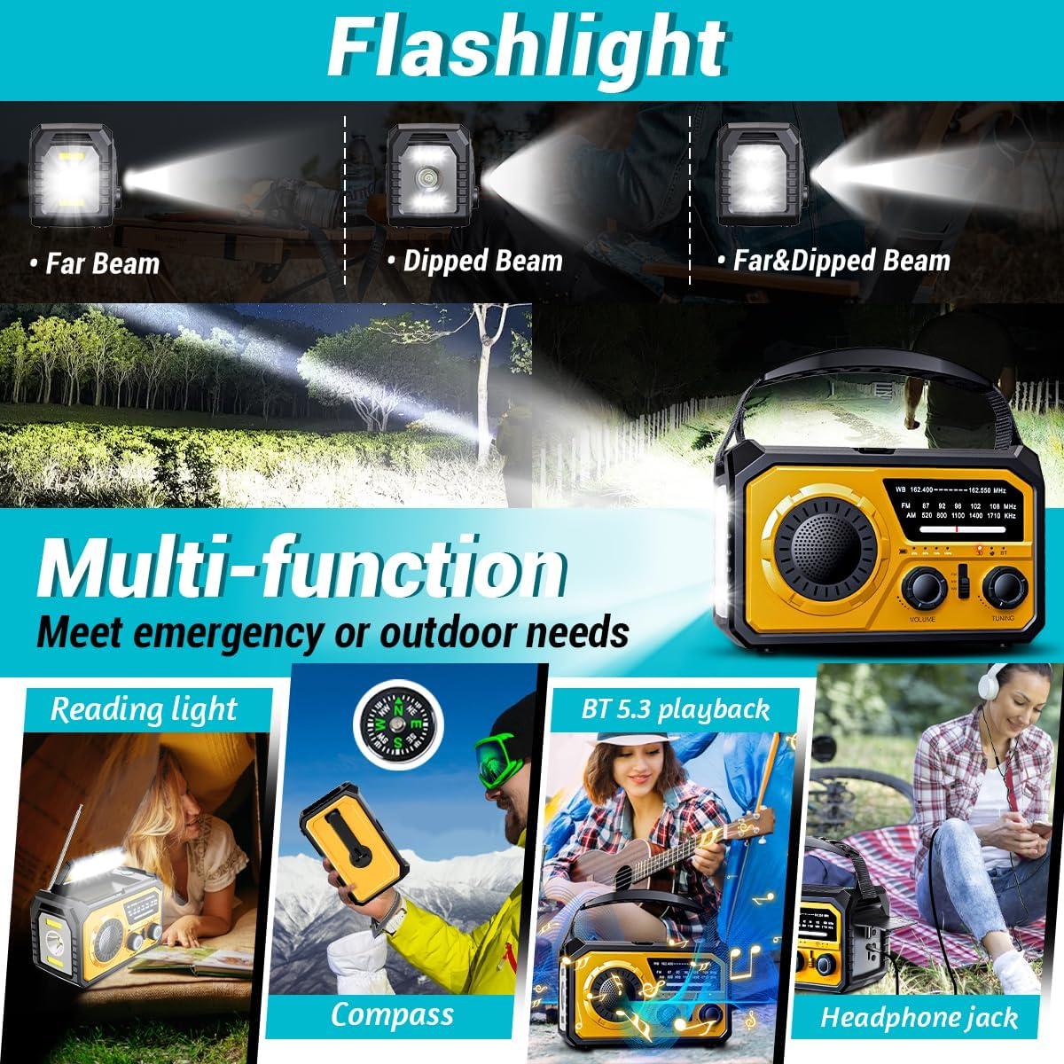 Radio de Emergencia Solar 16000mAh NOAA AM/FM - Manivela, Luz y Alarma