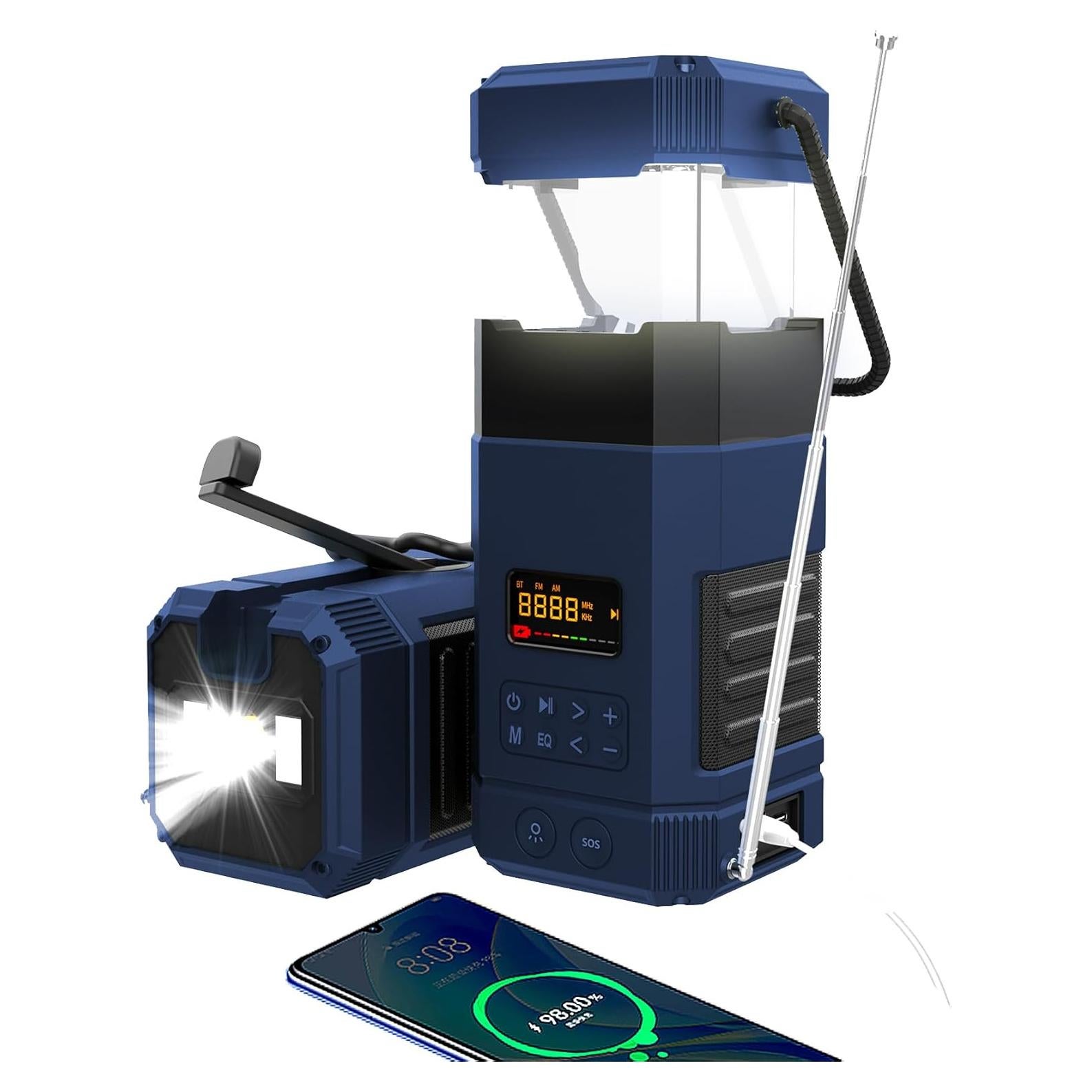 Libovgogo DF-585 Emergency LED Camping Lantern,IPX5 Waterproof Stereo Bluetooth Speaker,Hand Crank NOAA Weather Alert Radio with Solar,Portable AM FM Radio with Flashlight,5000mAH Cell Phone Charger