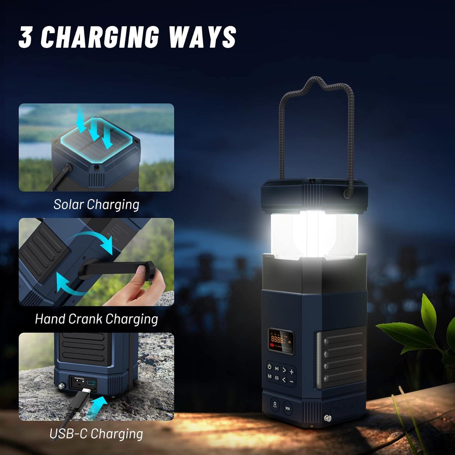 Libovgogo DF-585 Emergency LED Camping Lantern,IPX5 Waterproof Stereo Bluetooth Speaker,Hand Crank NOAA Weather Alert Radio with Solar,Portable AM FM Radio with Flashlight,5000mAH Cell Phone Charger