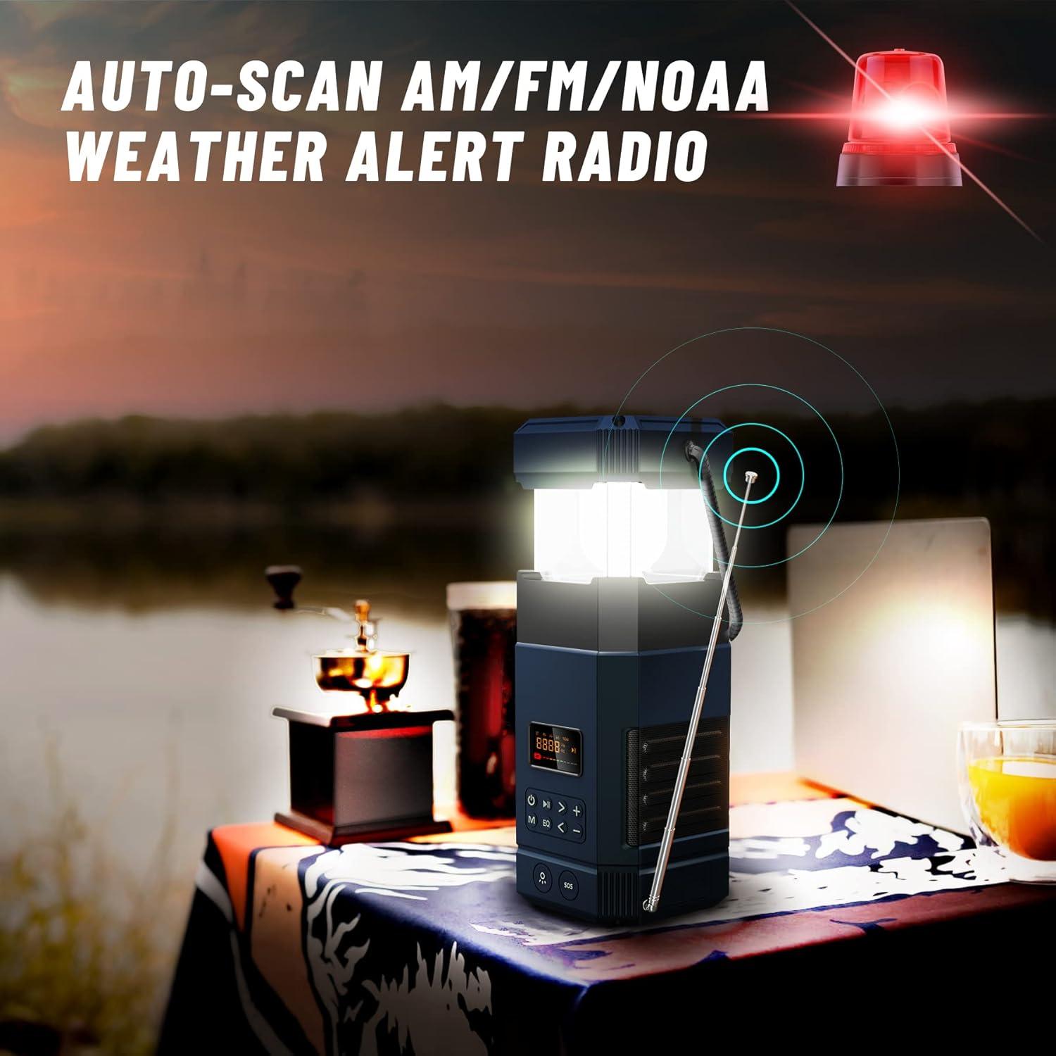 Libovgogo DF-585 Emergency LED Camping Lantern,IPX5 Waterproof Stereo Bluetooth Speaker,Hand Crank NOAA Weather Alert Radio with Solar,Portable AM FM Radio with Flashlight,5000mAH Cell Phone Charger