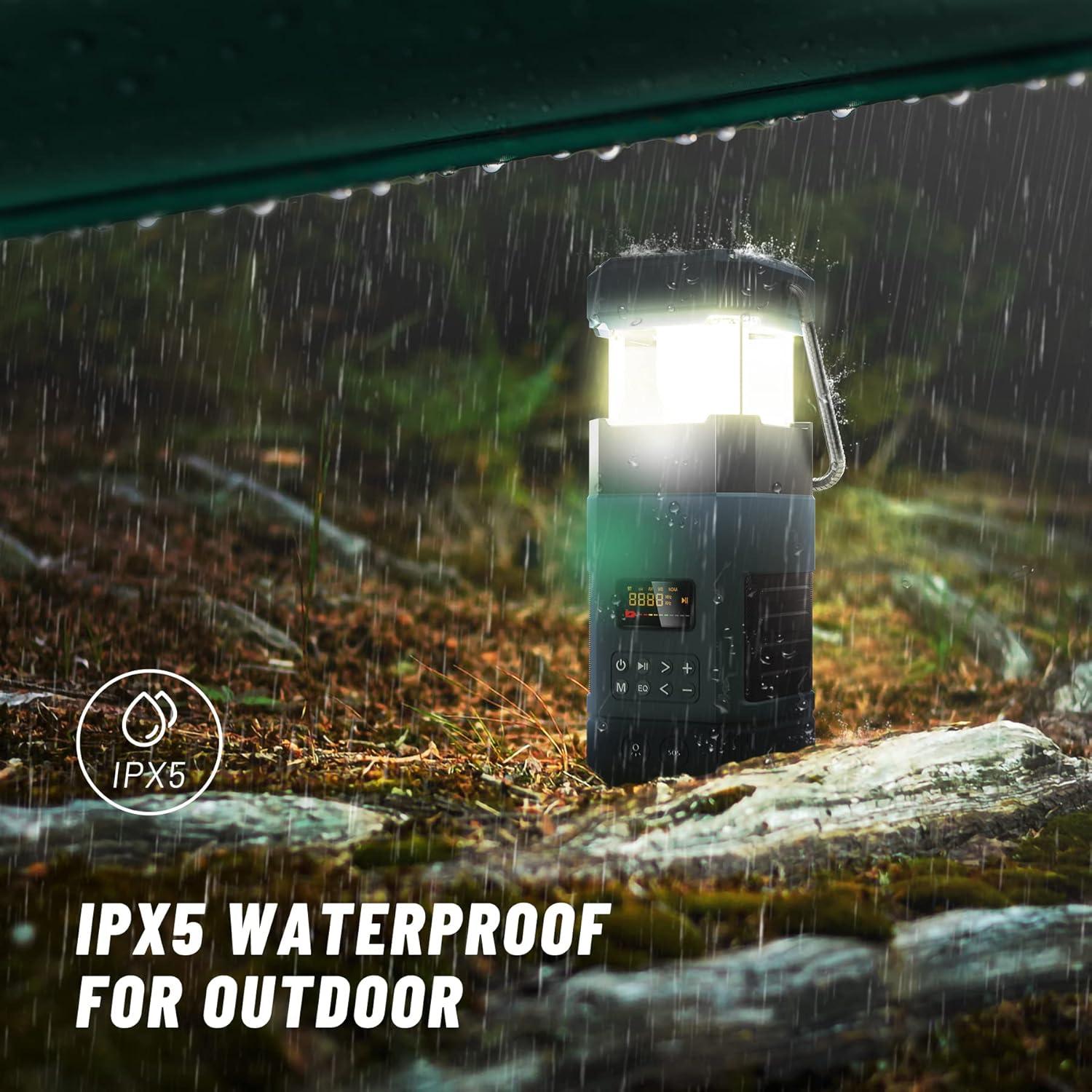 Libovgogo DF-585 Emergency LED Camping Lantern,IPX5 Waterproof Stereo Bluetooth Speaker,Hand Crank NOAA Weather Alert Radio with Solar,Portable AM FM Radio with Flashlight,5000mAH Cell Phone Charger