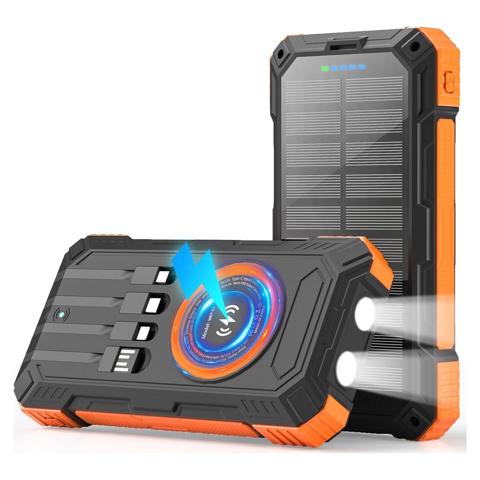 Solar Charger Power Bank 49800mAh Wireless Portable Phone Charger, 22.5W QC3.0 Fast Charging Built in 4 Cables with USB C 6 Outputs & 2 Inputs for All Cell Phone