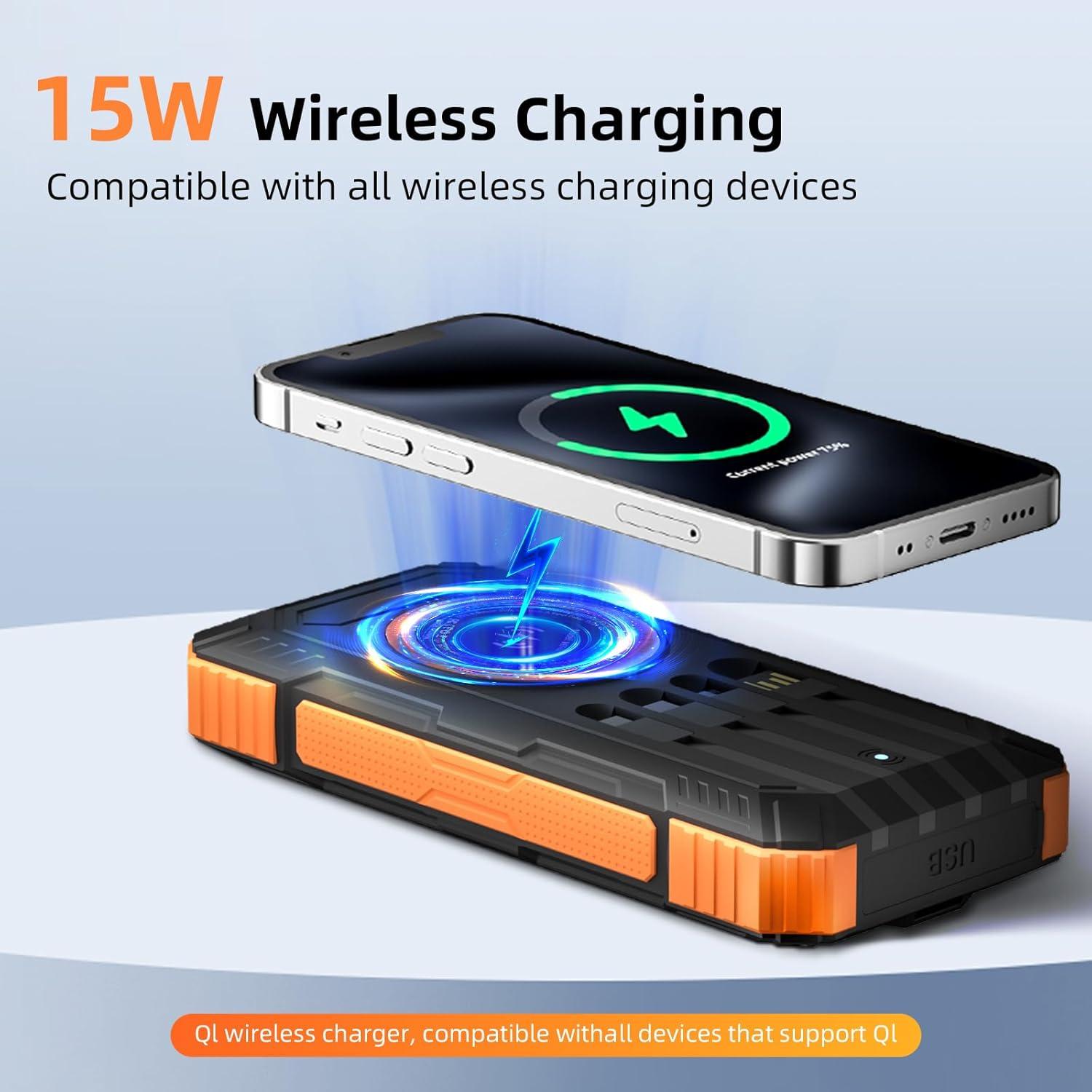 Solar Charger Power Bank 49800mAh Wireless Portable Phone Charger, 22.5W QC3.0 Fast Charging Built in 4 Cables with USB C 6 Outputs & 2 Inputs for All Cell Phone