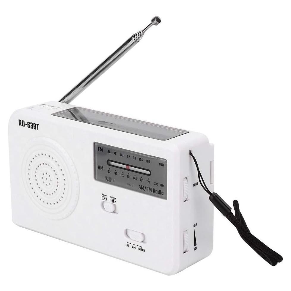 ciciglow Portable Solar Hand Crank AM FM Radio, Outdoor Emergency Radio with LED Flashlight, Smartphone Charger, White