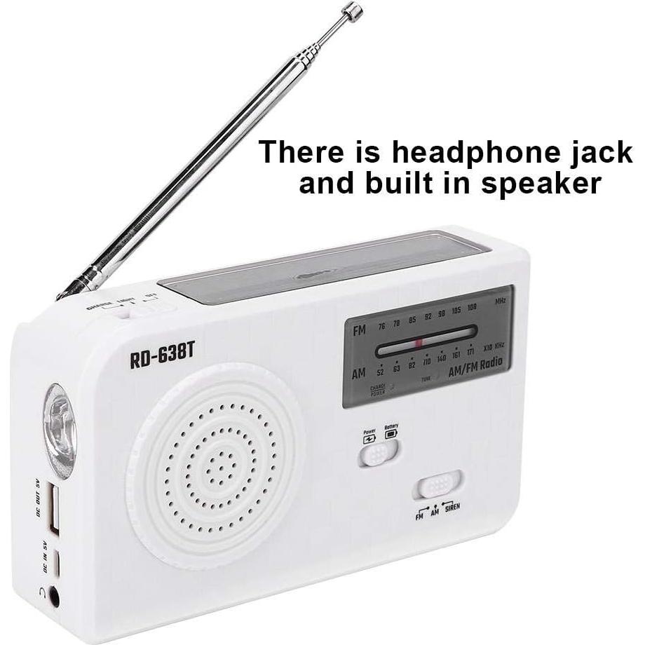ciciglow Portable Solar Hand Crank AM FM Radio, Outdoor Emergency Radio with LED Flashlight, Smartphone Charger, White