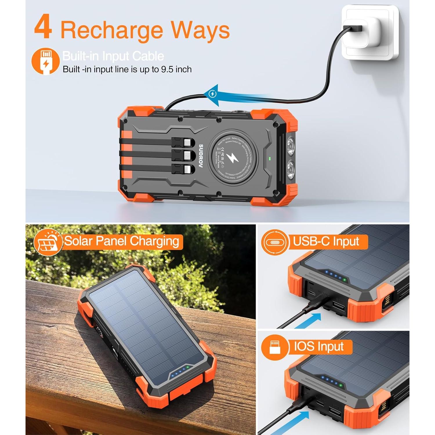 Solar Charger Power Bank,42800mAh Wireless Portable Charger with USB-C in/Output, QC3.0 Fast Charging 15W 4 Ports Outdoor Battery Pack Built-in LED Flashlight, for iPhone, Galaxy, iPad etc