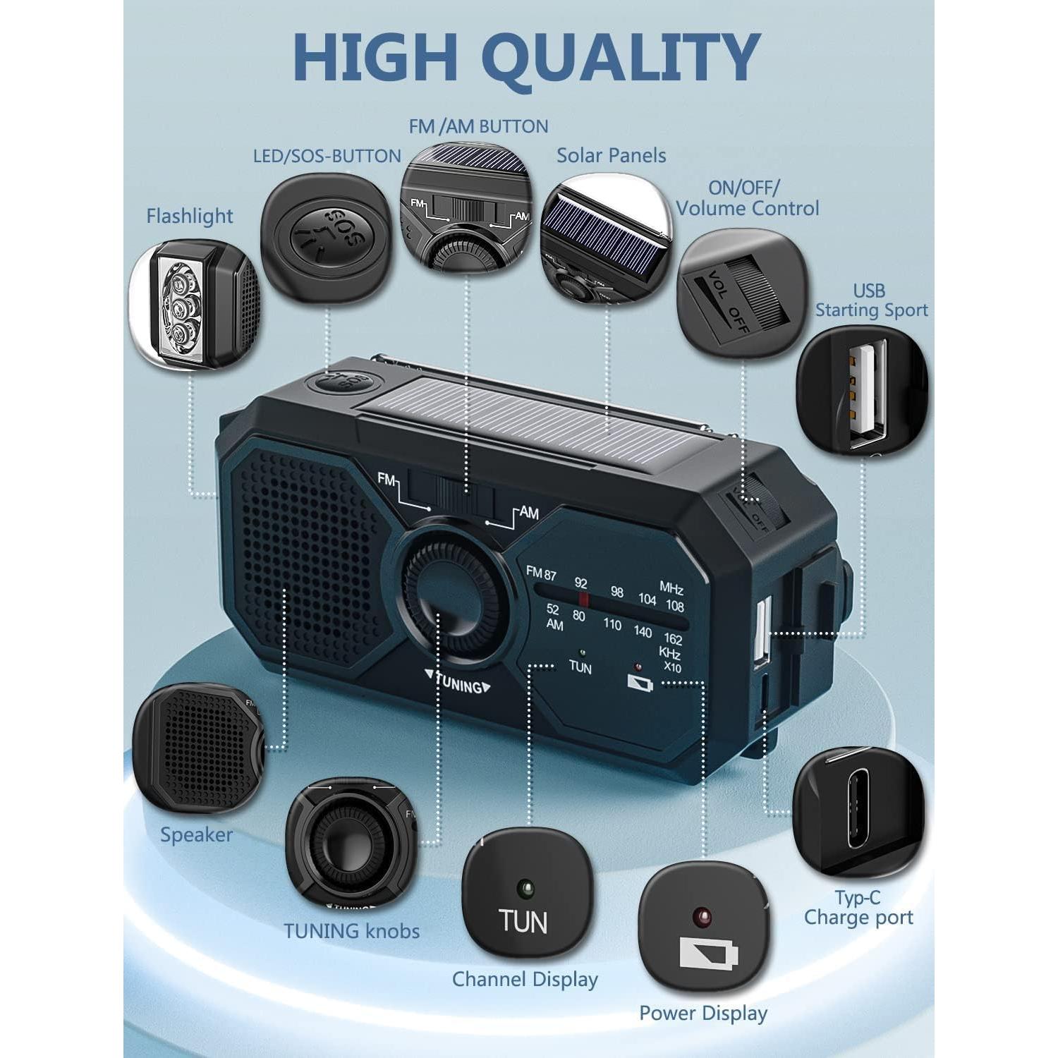 Radio Meteorológica Portátil SIYEGK AM FM NOAA con Alarma SOS y Energía Solar 3500mAh